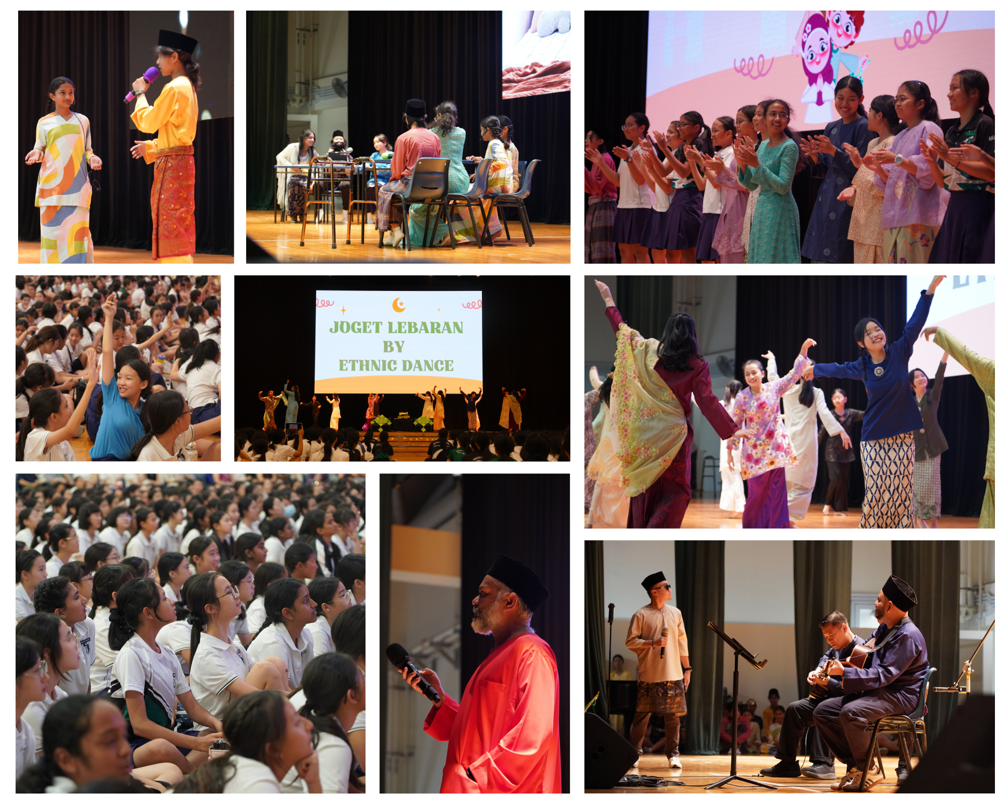 Collage of school stage event: students performing, clapping, dancing, audience seated, and musicians playing.