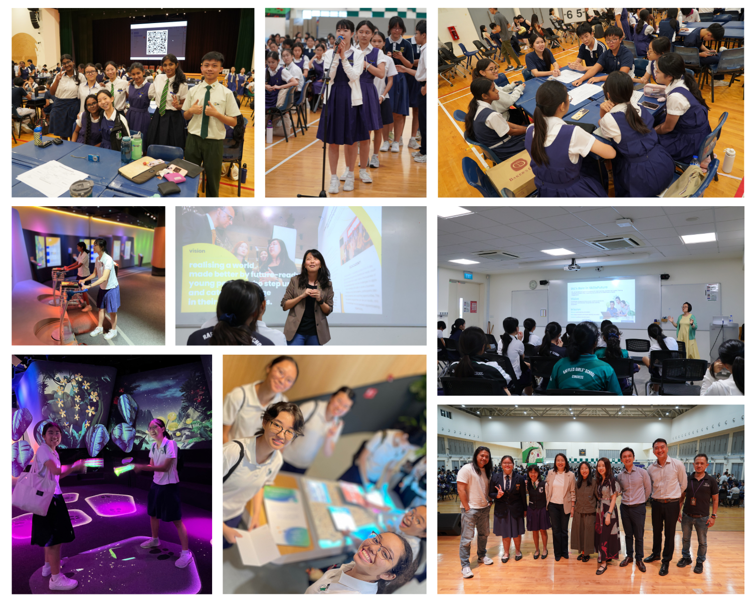 Collage of school students in uniforms attending workshops, group discussions, presentations, and interactive activities.