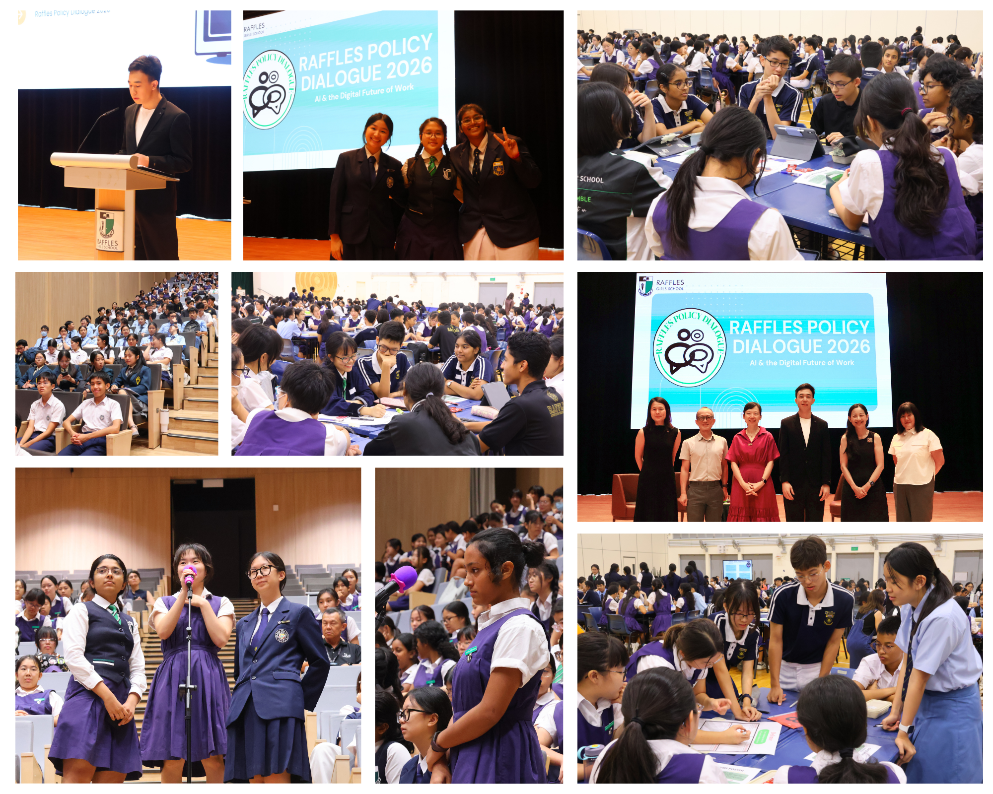 Collage of a school policy dialogue with speakers, student groups at tables, and group photos on the stage. 