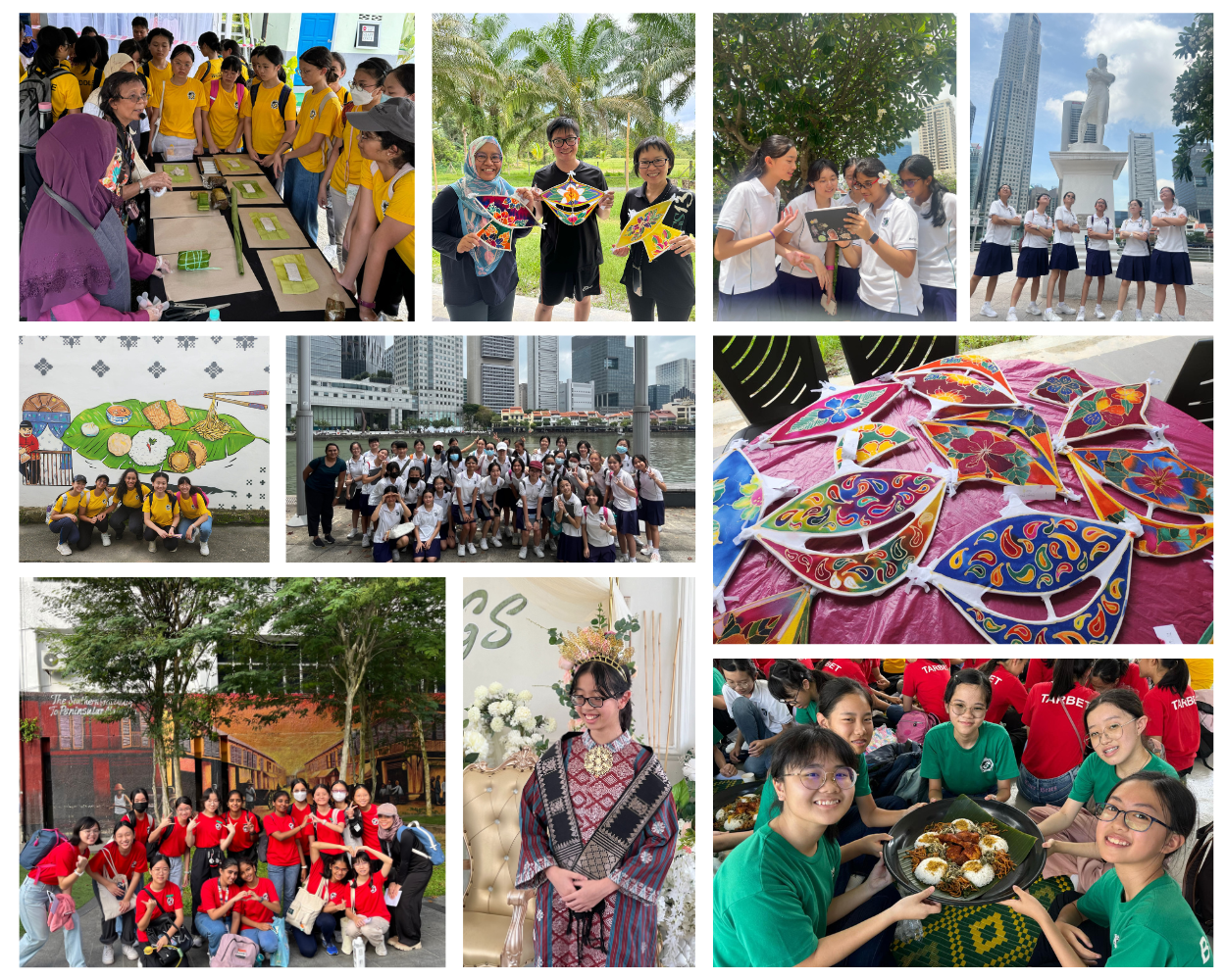 Collage of students on cultural outings, making kites, posing at murals, wearing traditional dress, and sharing food.