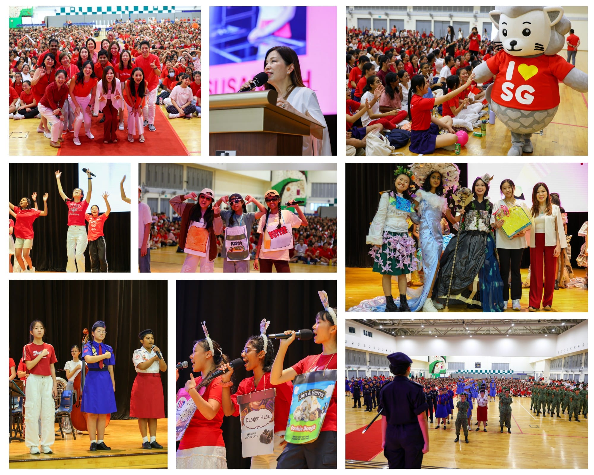 Collage of a Singapore school celebration with students in red, performances, costumes, an I Love SG mascot, and a parade.