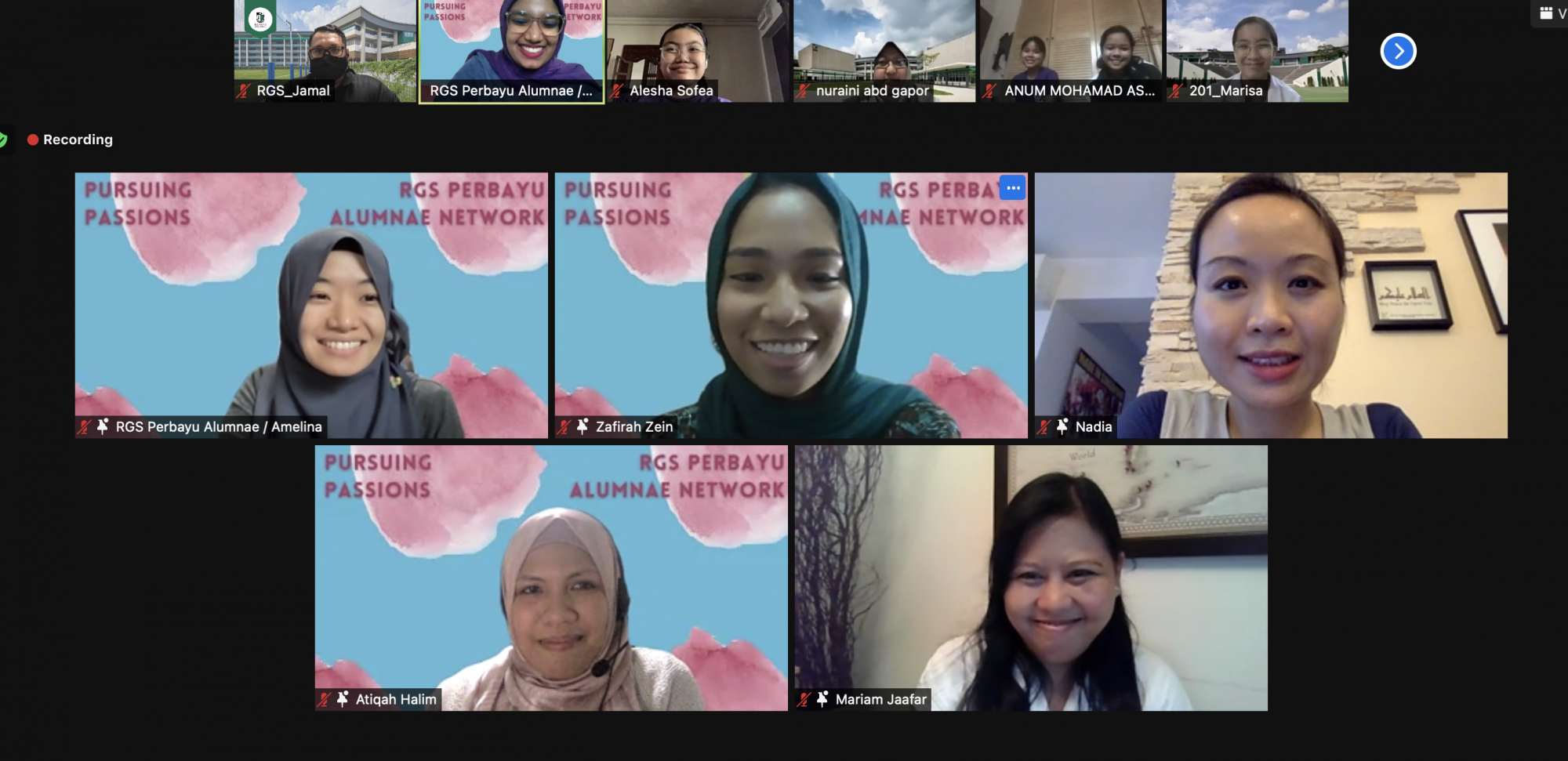 A video call screenshot showing five women in a Pursuing Passions RGS Perbayu Alumnae Network online event.