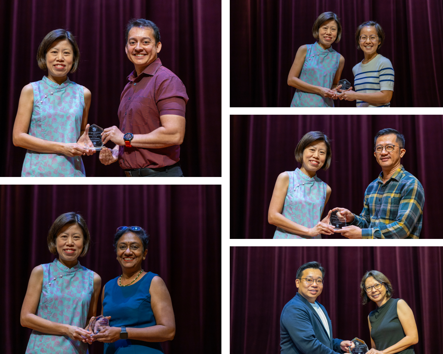 Five award ceremony photos showing pairs of smiling people holding crystal trophies in front of a dark red curtain.