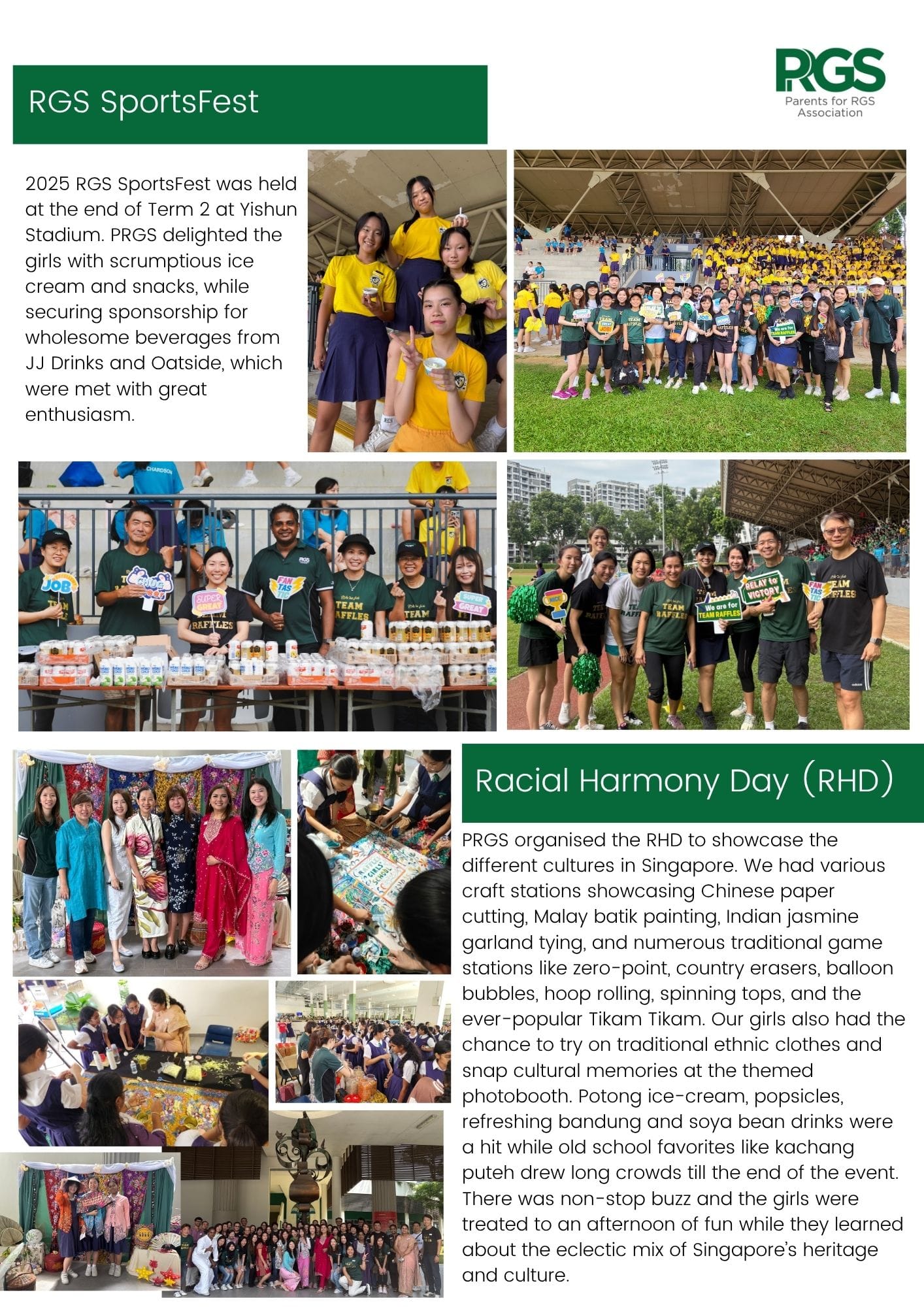 RGS SportsFest and Racial Harmony Day flyer with photos of students and parents in green and yellow shirts at events.