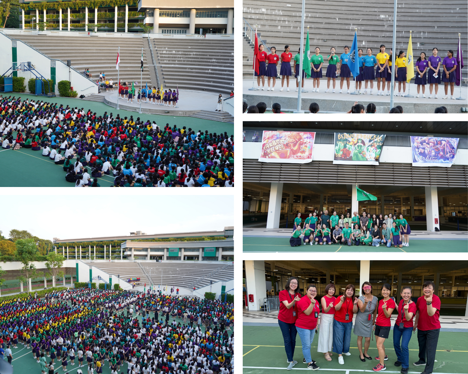 Collage of stadium assembly: students seated, flag ceremony on stage, group photos in green and red shirts.