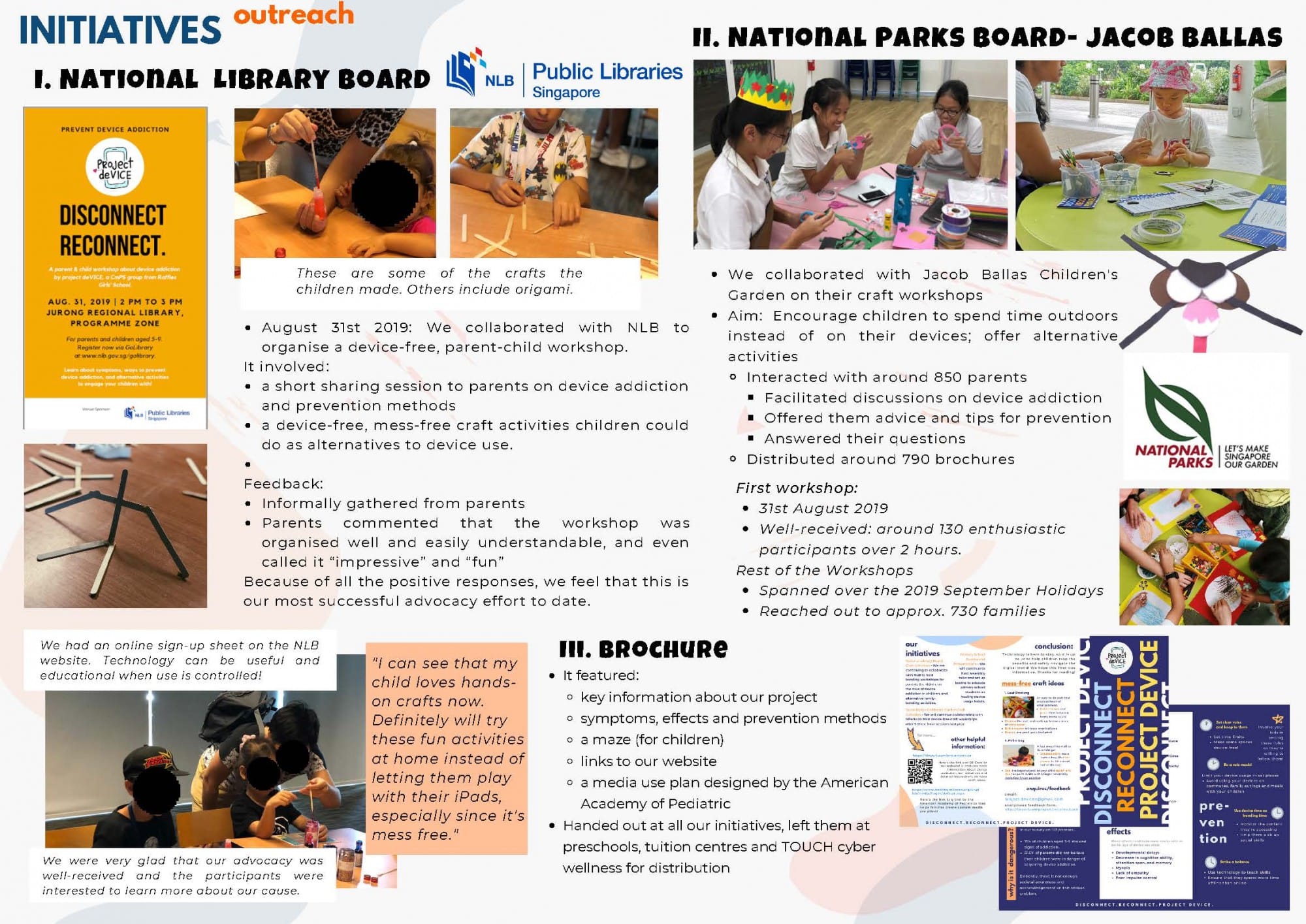 Outreach initiatives flyer showing children doing crafts at workshops organized by National Library Board and National Parks Board.