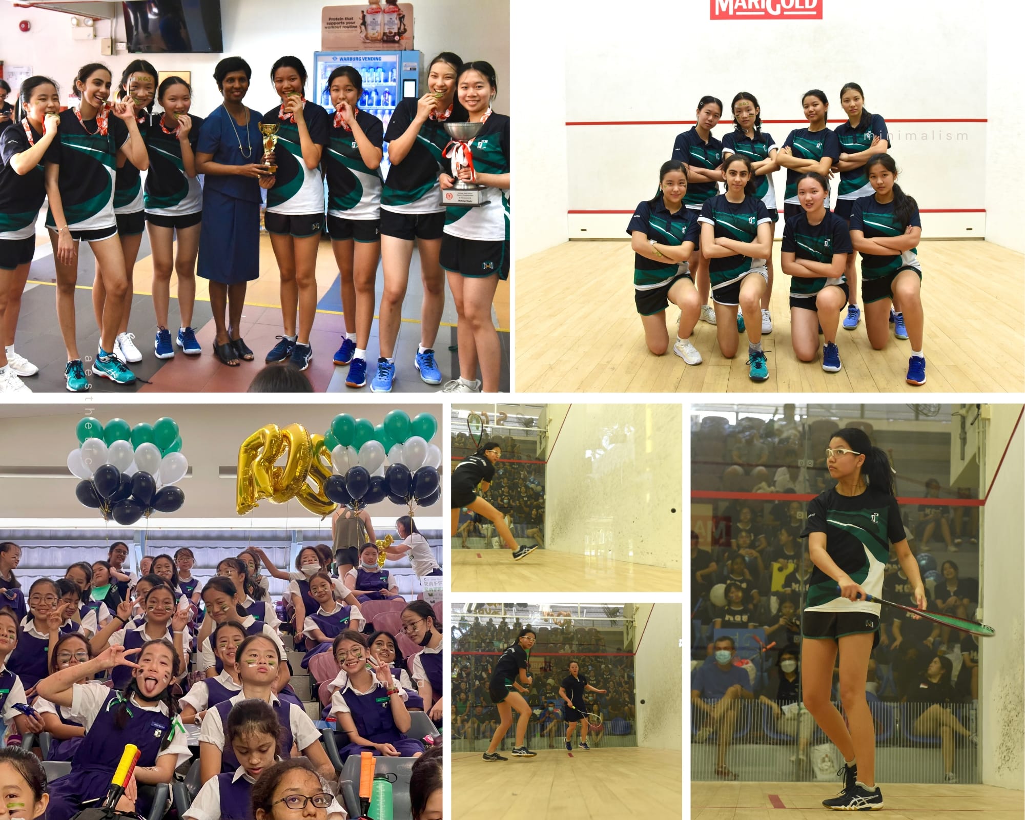 A collage of a girls squash team posing with trophies, playing matches on court, and celebrating with balloons.
