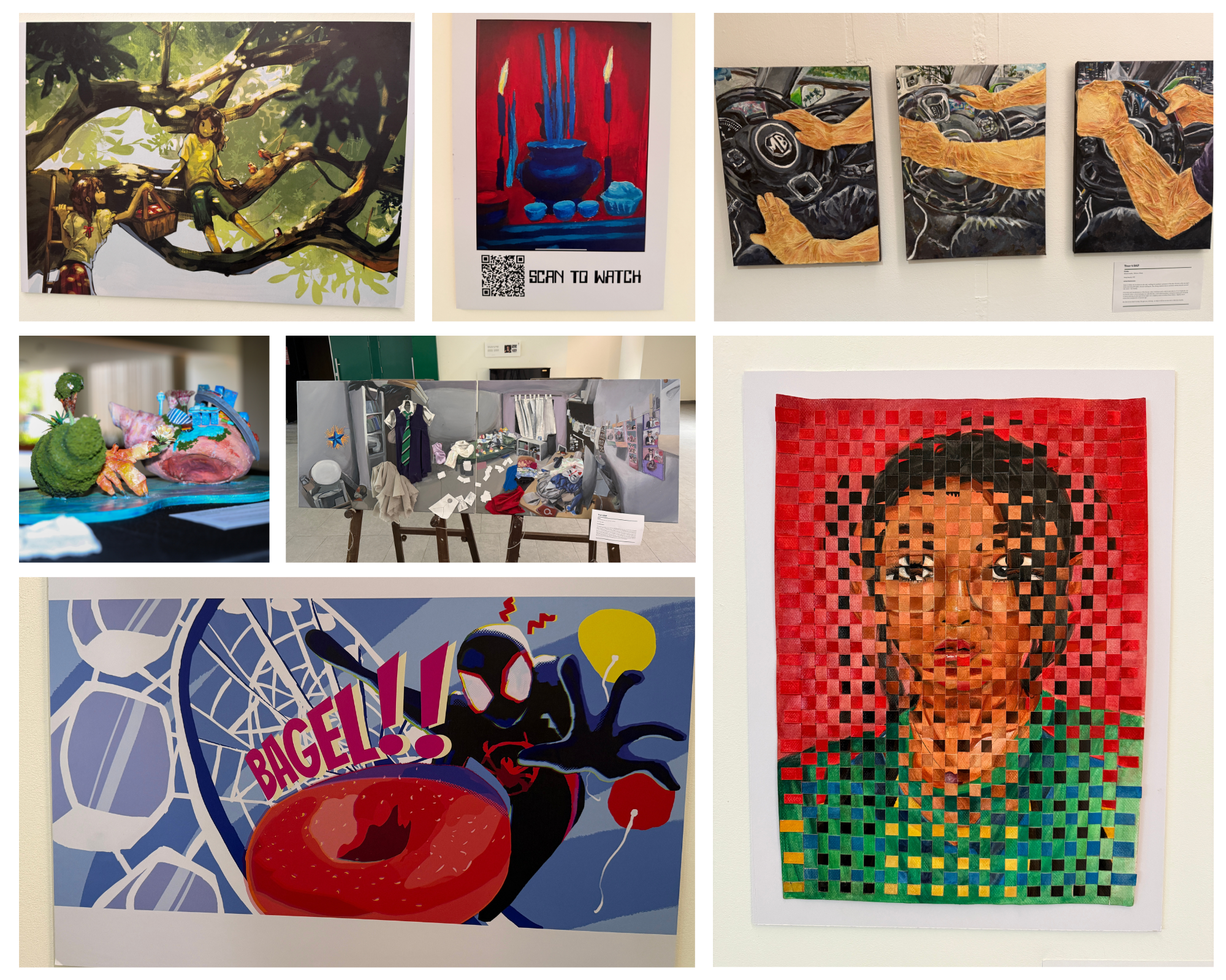 Collage of wall art: tree scene, QR code poster, hands at steering wheel, still life, messy room, superhero bagel, portrait.