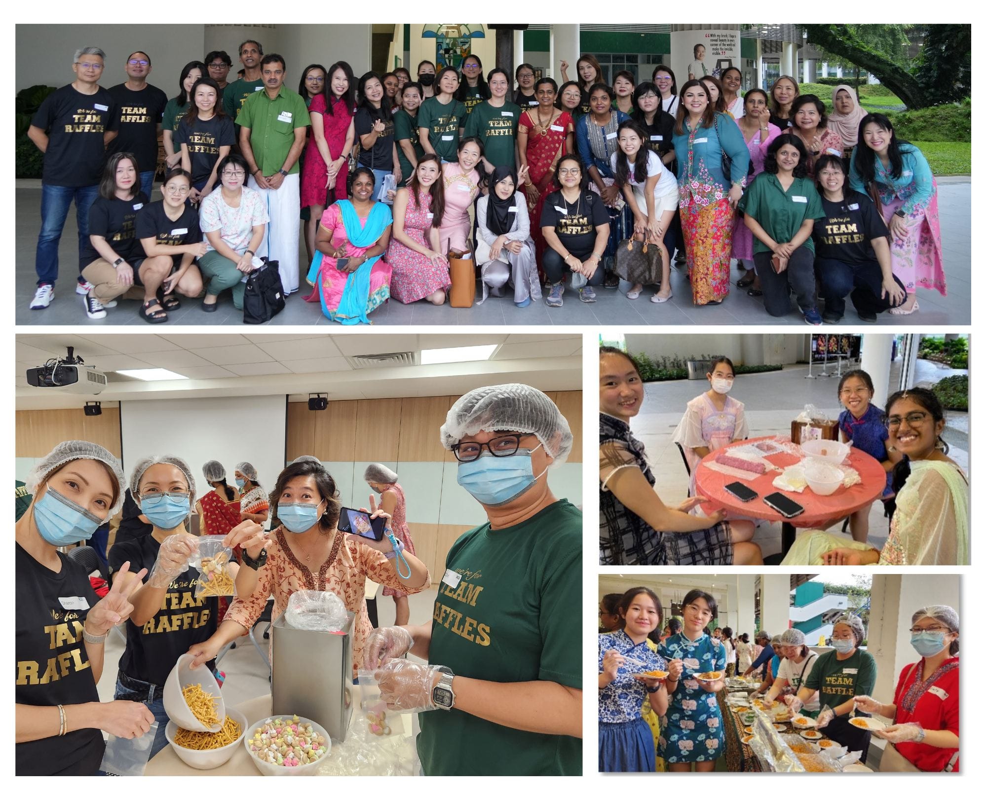 Large diverse group in Team Raffles shirts poses outdoors; smaller photos show people wearing hairnets preparing and serving food indoors.