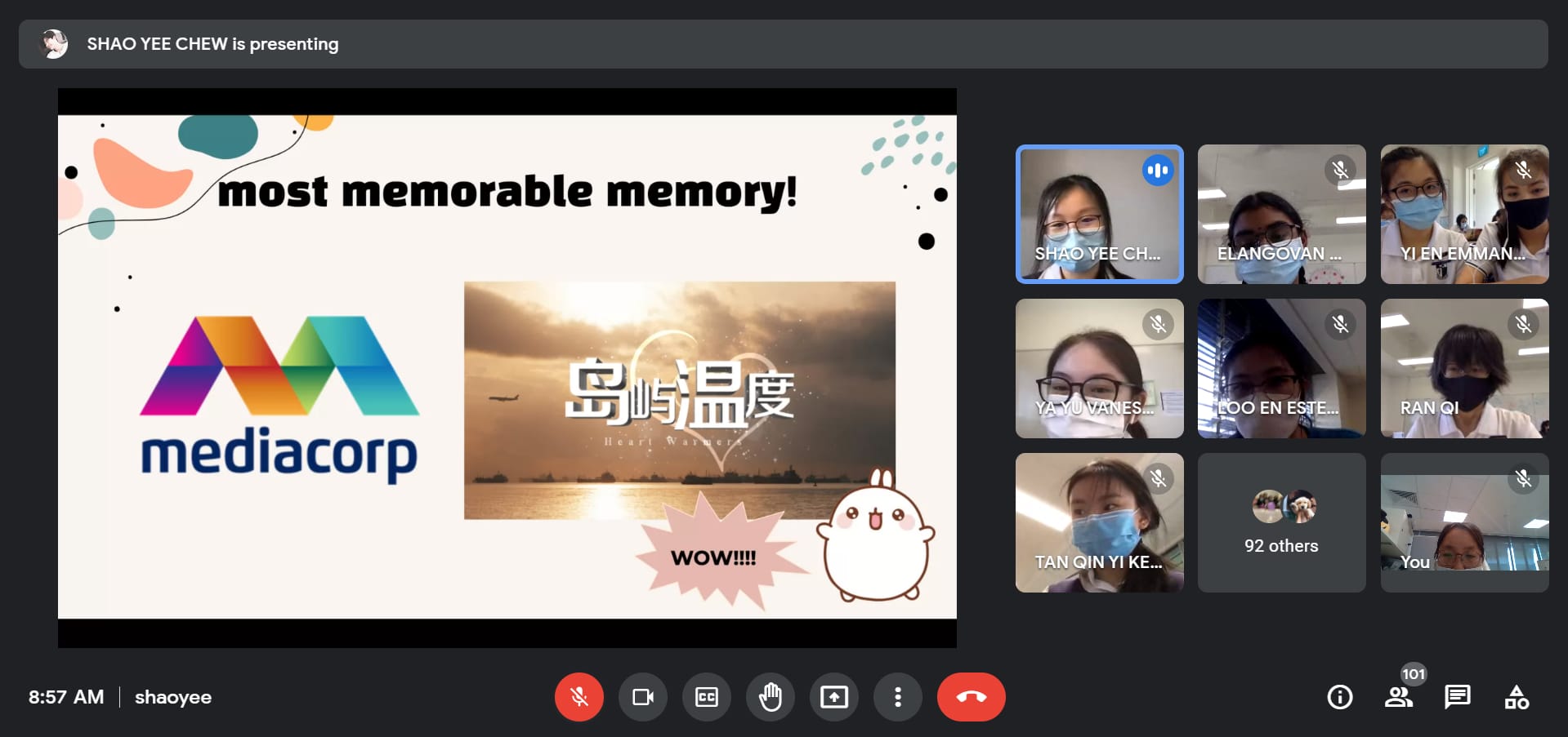 Google Meet with 101 participants, showing a Mediacorp slide titled "most memorable memory" being presented.