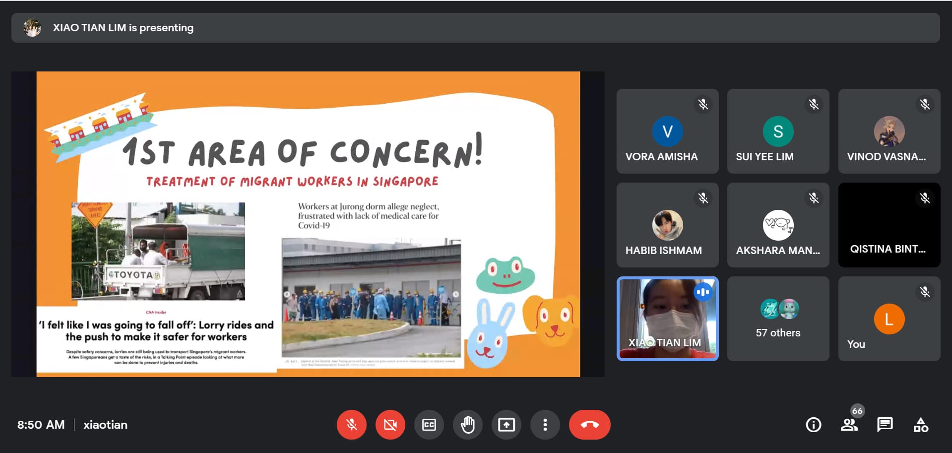Video call with Xiao Tian Lim presenting a slide titled "1st Area of Concern: Treatment of Migrant Workers in Singapore."