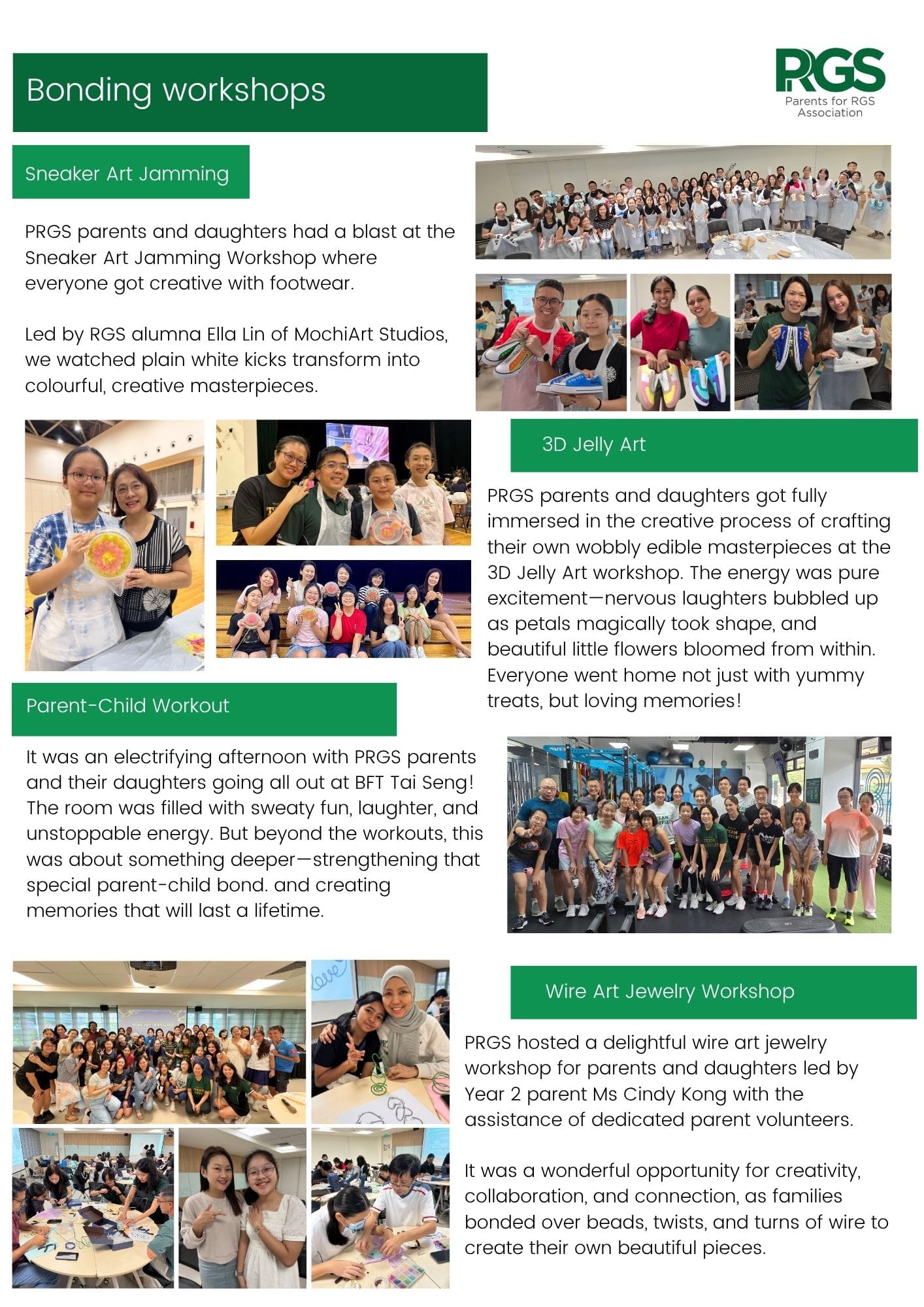 Flyer showing PRGS bonding workshops including sneaker art, 3D jelly art, workout, and wire jewelry, with group photos.