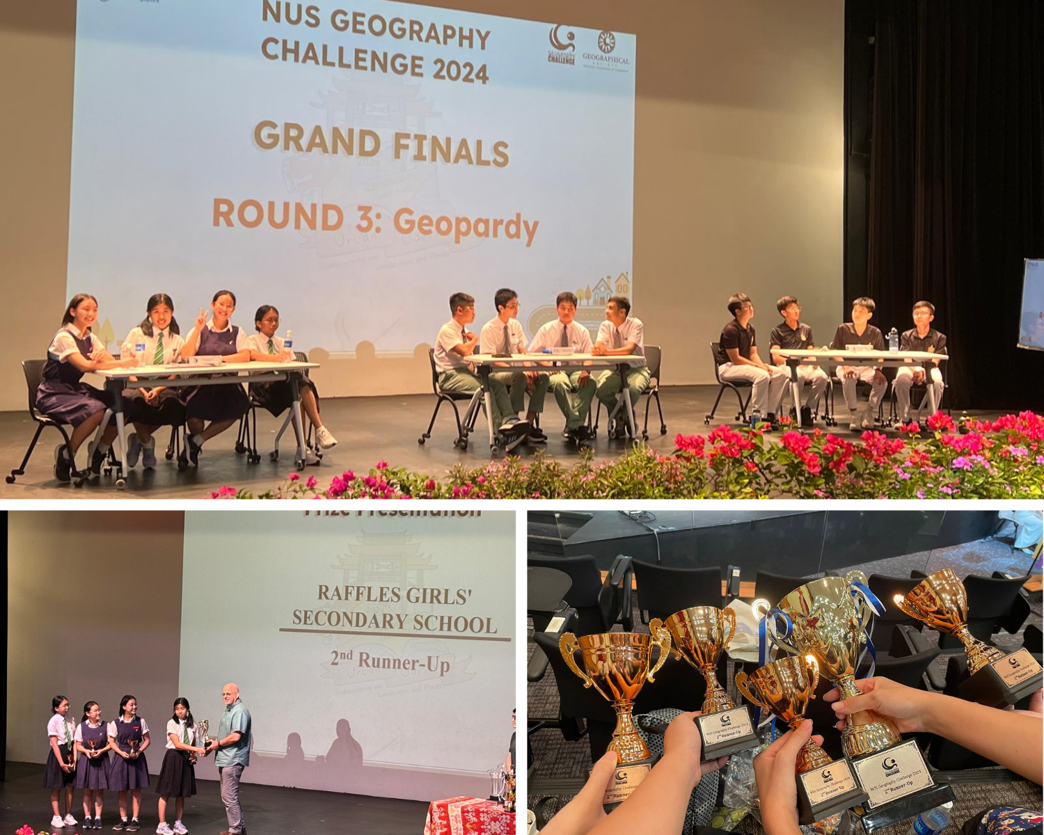 NUS Geography Challenge 2024 Grand Finals with student teams on stage and Raffles Girls' Secondary School trophy presentation.