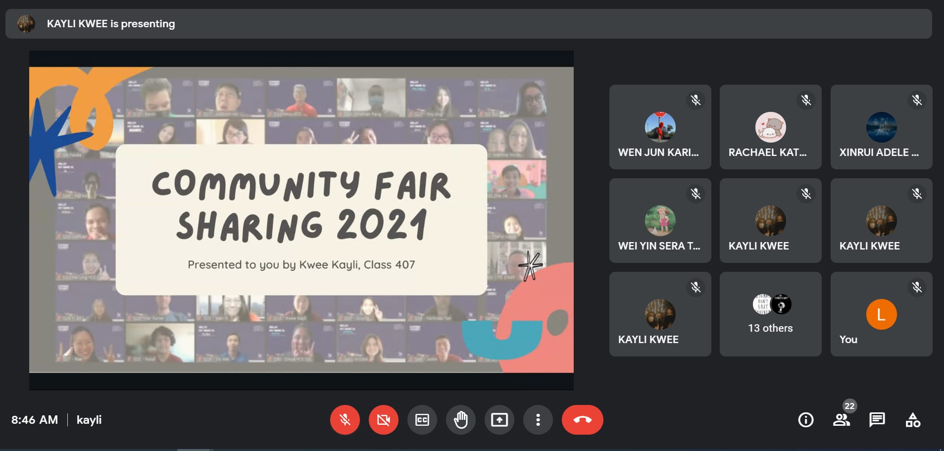 Video call with Kayli Kwee presenting a slide titled Community Fair Sharing 2021 for Class 407, with participants shown.
