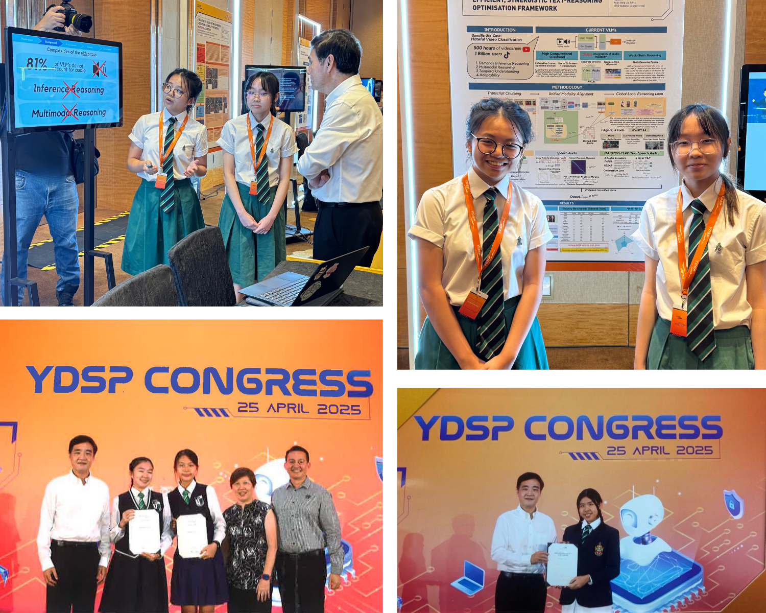 Students in school uniforms present research posters and receive awards at YDSP Congress on 25 April 2025.