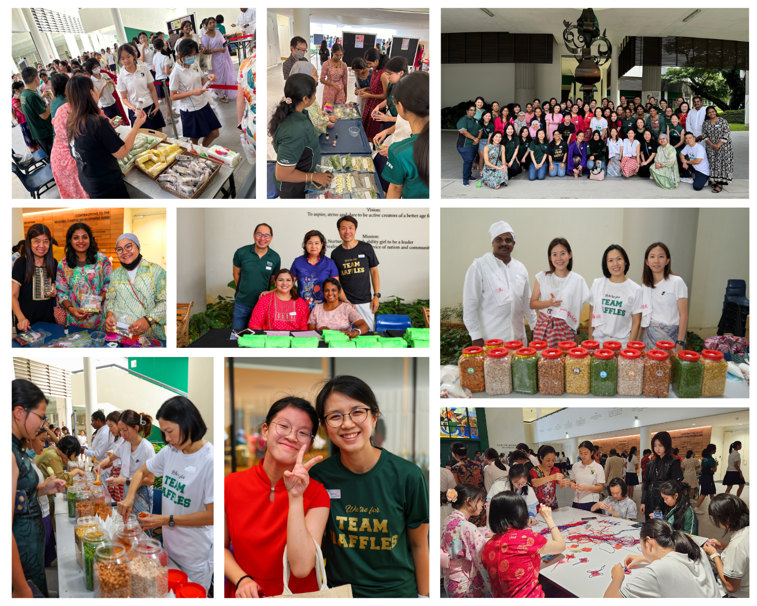 Collage of people at a school fair with food stalls, group photos, craft activities, and Team Raffles shirts.