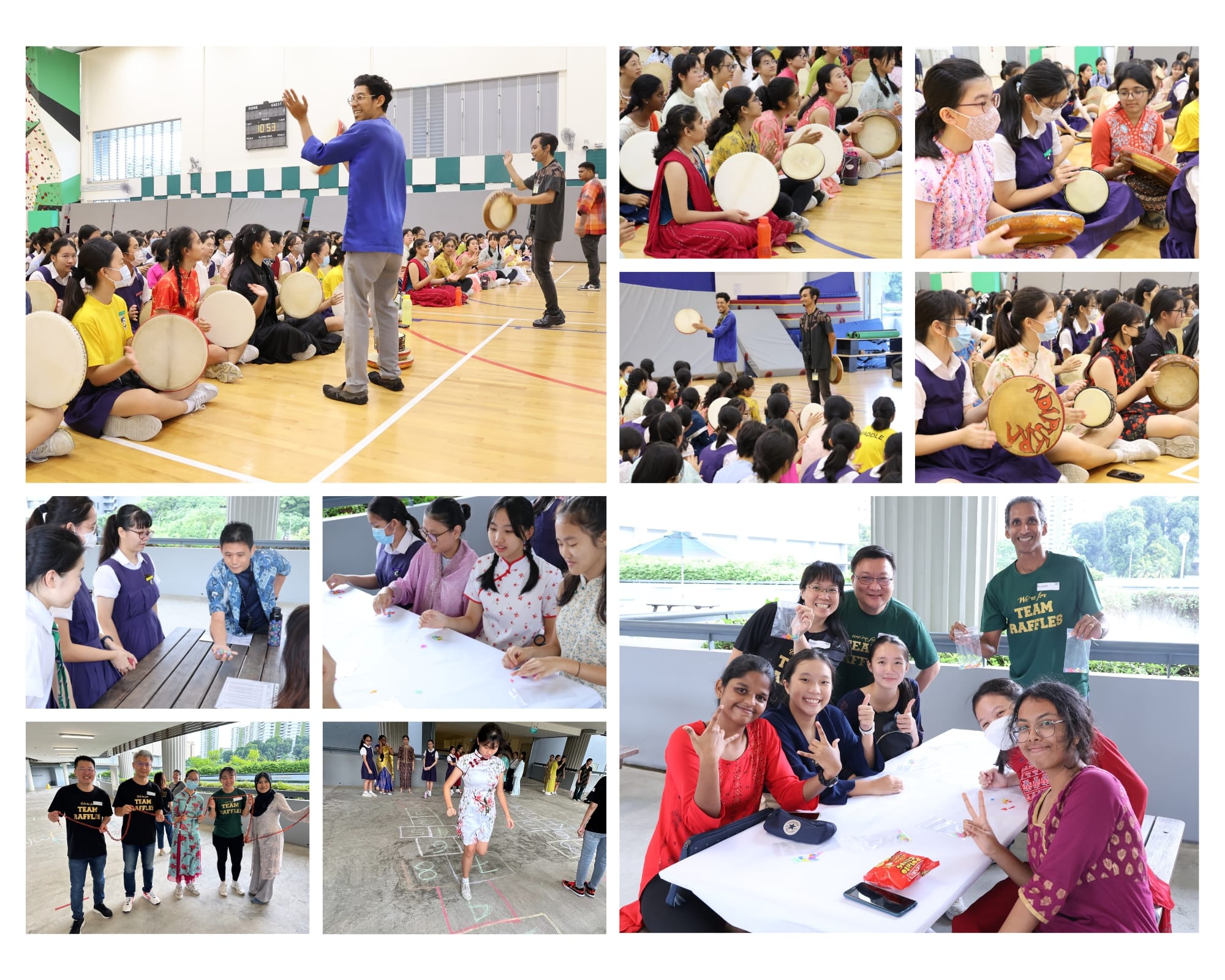 Students and adults participate in a school cultural event with drumming, games, and group activities indoors and outdoors.