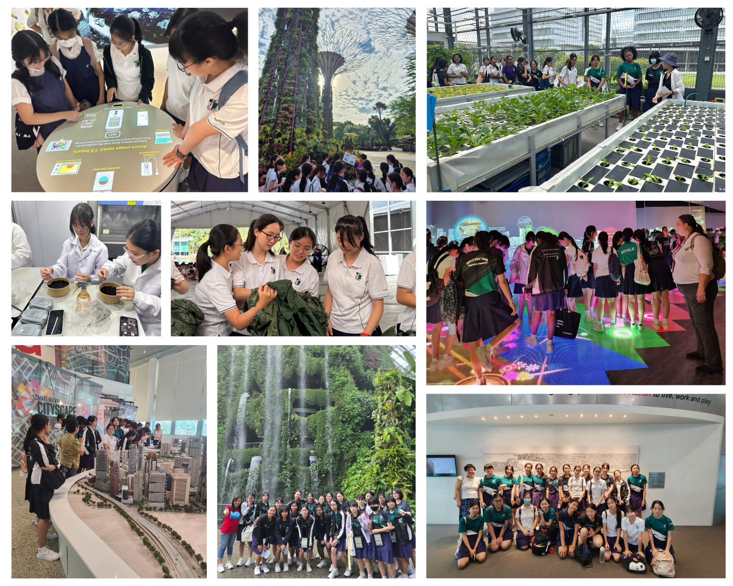 A collage of students in uniforms visiting a garden, farm, lab, smart city exhibit, and posing for group photos.