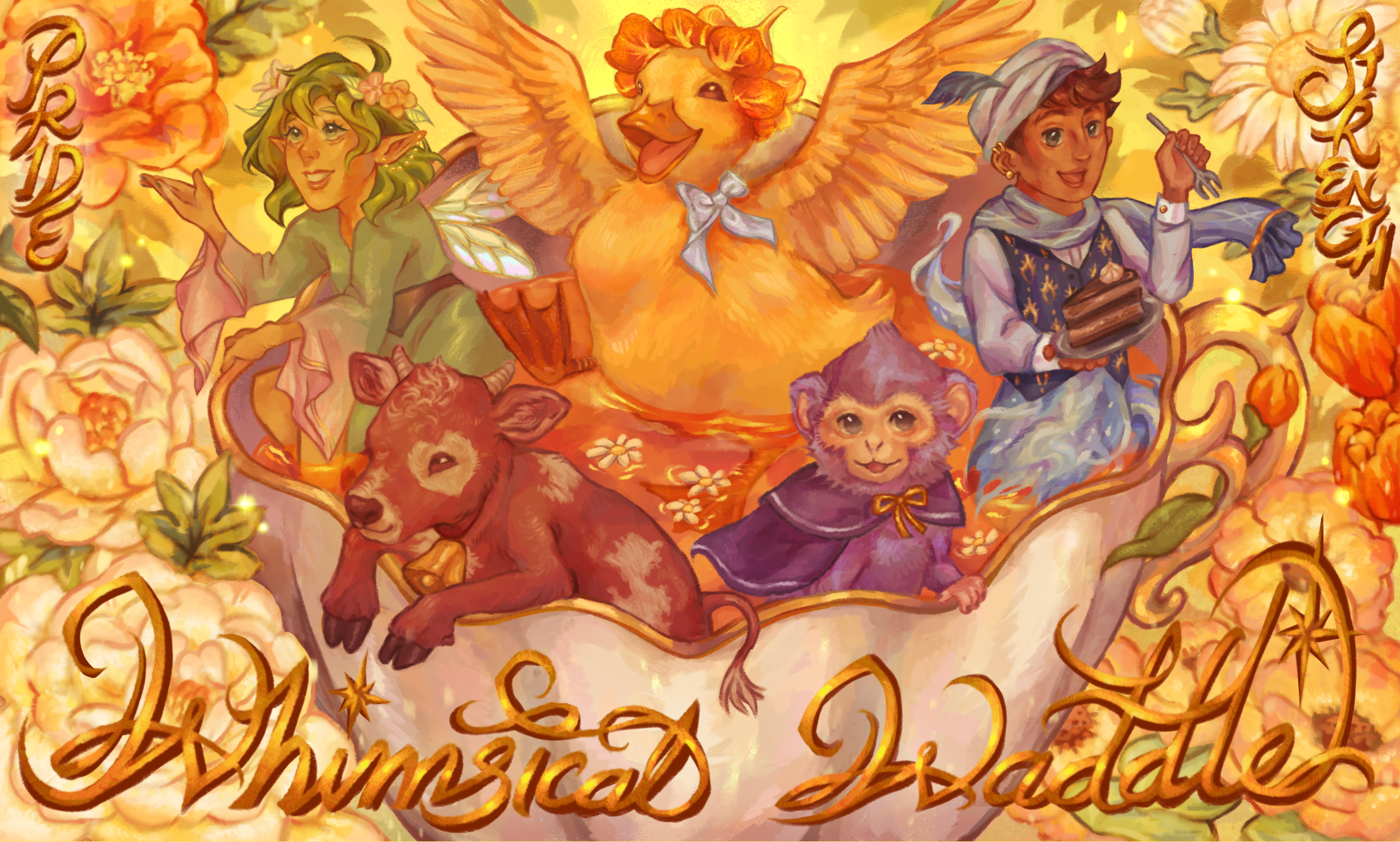 Fantasy poster showing a winged duck, elf, baker, calf and monkey amid flowers, with “Whimsical Waddle” text.