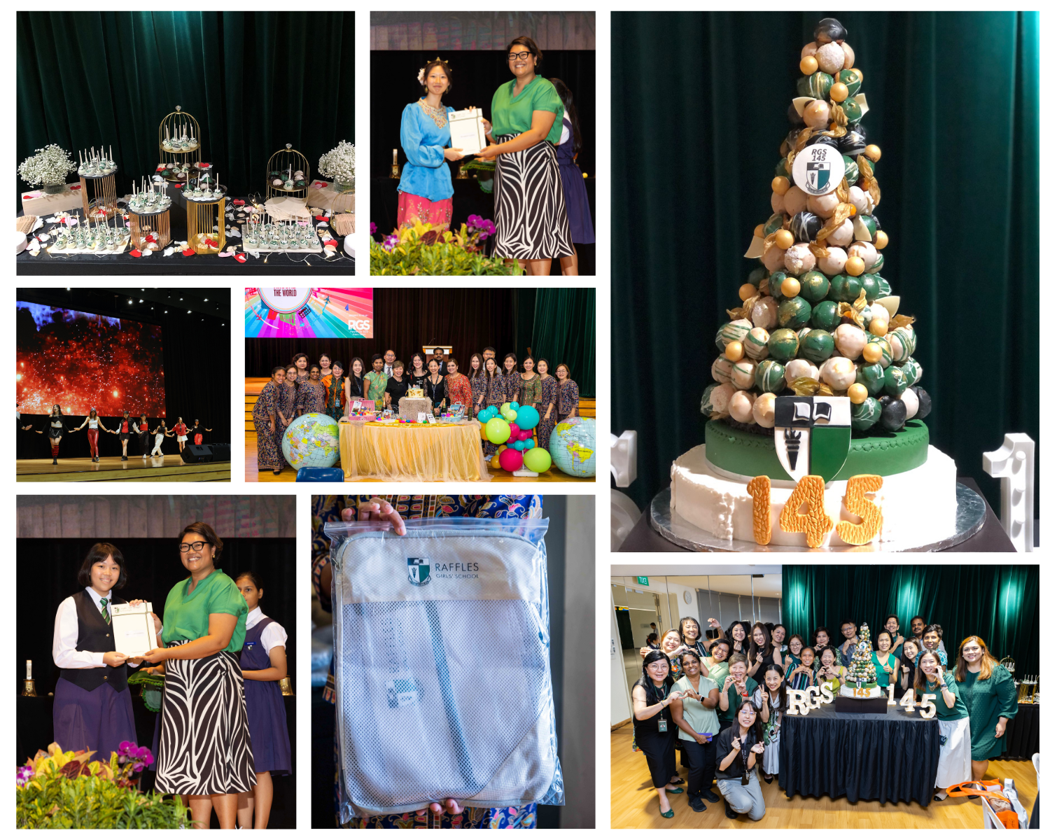 Collage of Raffles Girls School 145th anniversary celebration with a tower cake, group photos, and award ceremony.