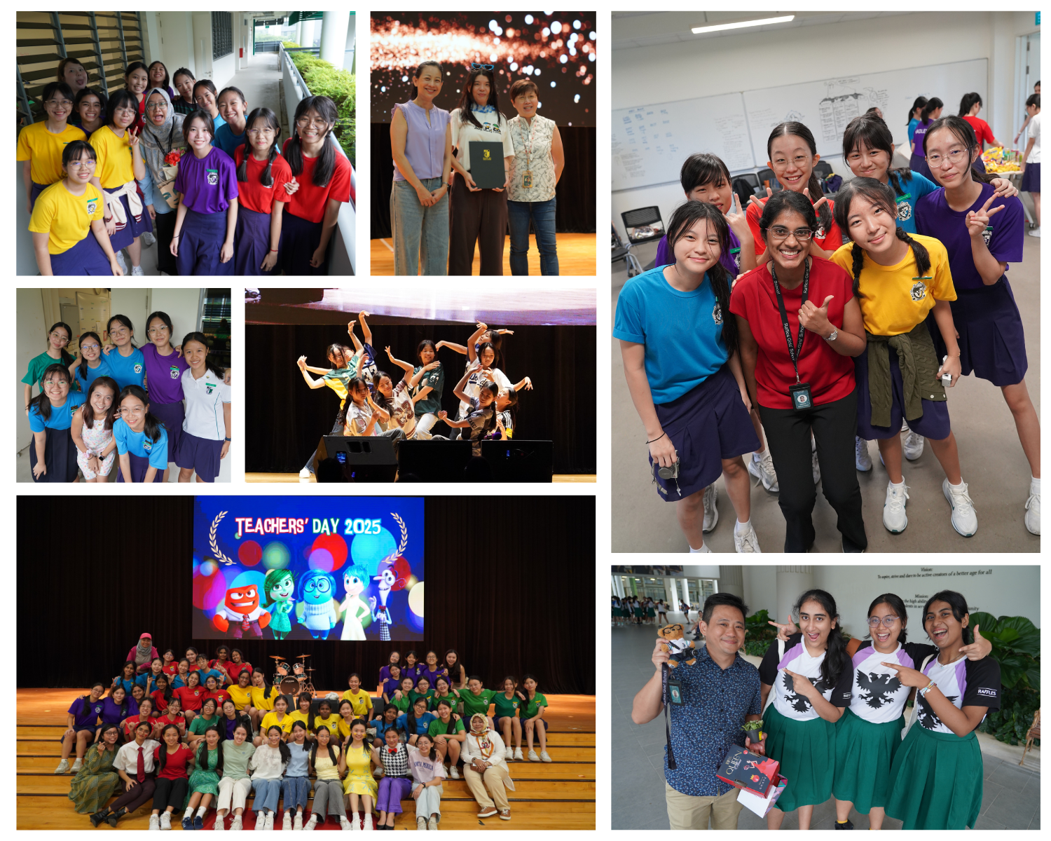 A collage of school students and teachers celebrating Teachers' Day 2025 with group photos, a dance performance, and an award presentation.