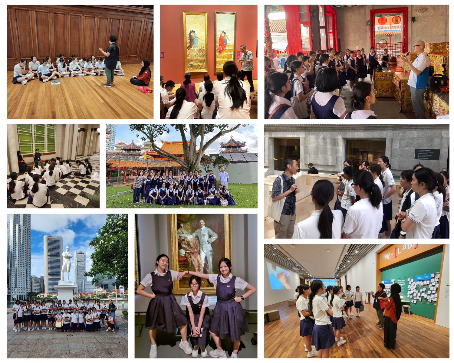 Collage of school students in uniforms on field trips to museums, a temple, and outdoor landmarks.