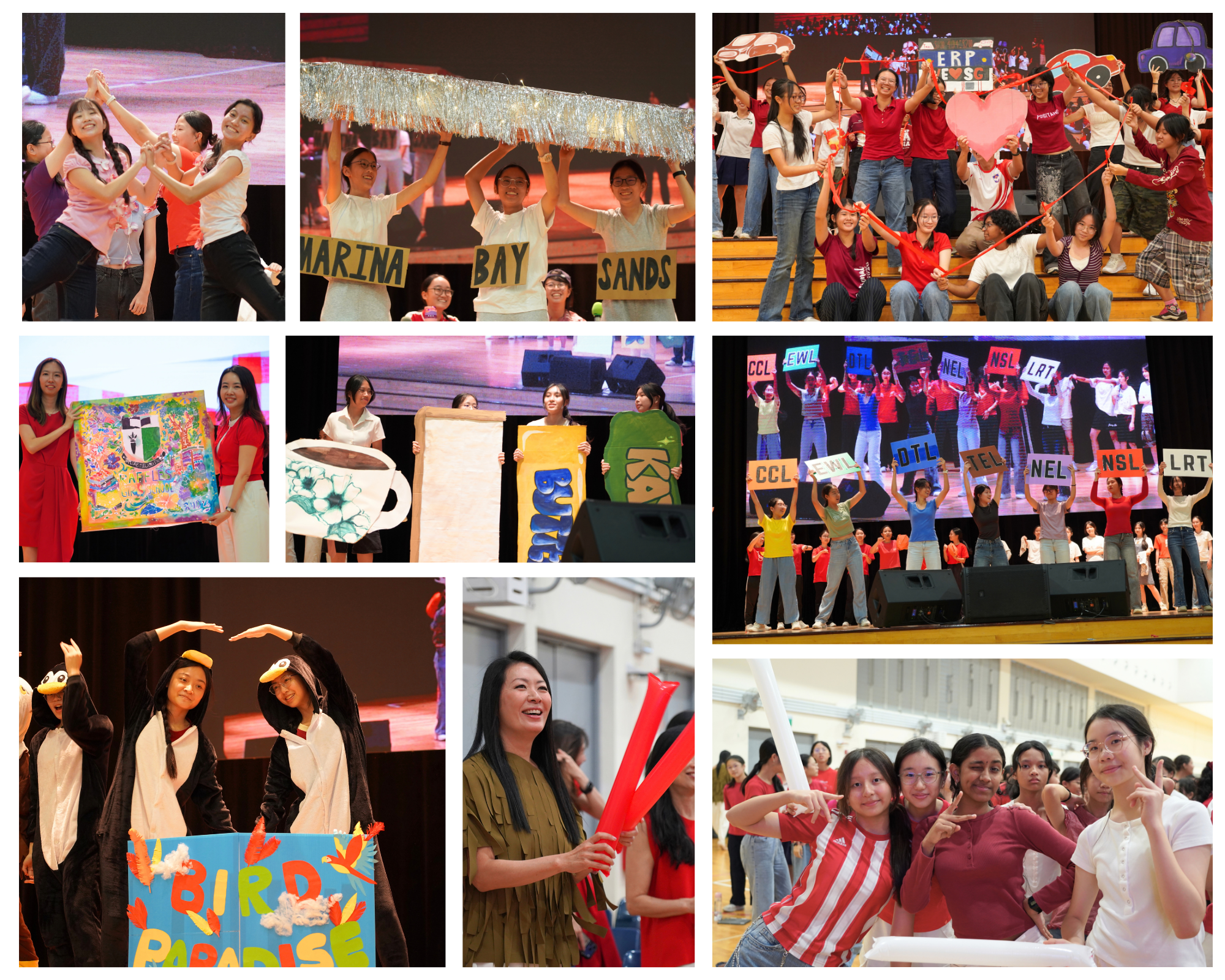 A photo collage of students in red and white performing on stage using props.