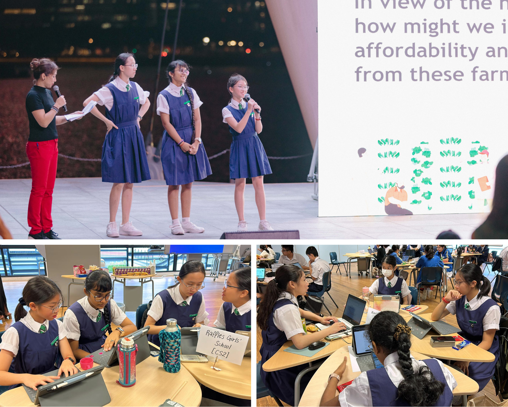 Four students in school uniforms present on stage and work on laptops together in a classroom collage.