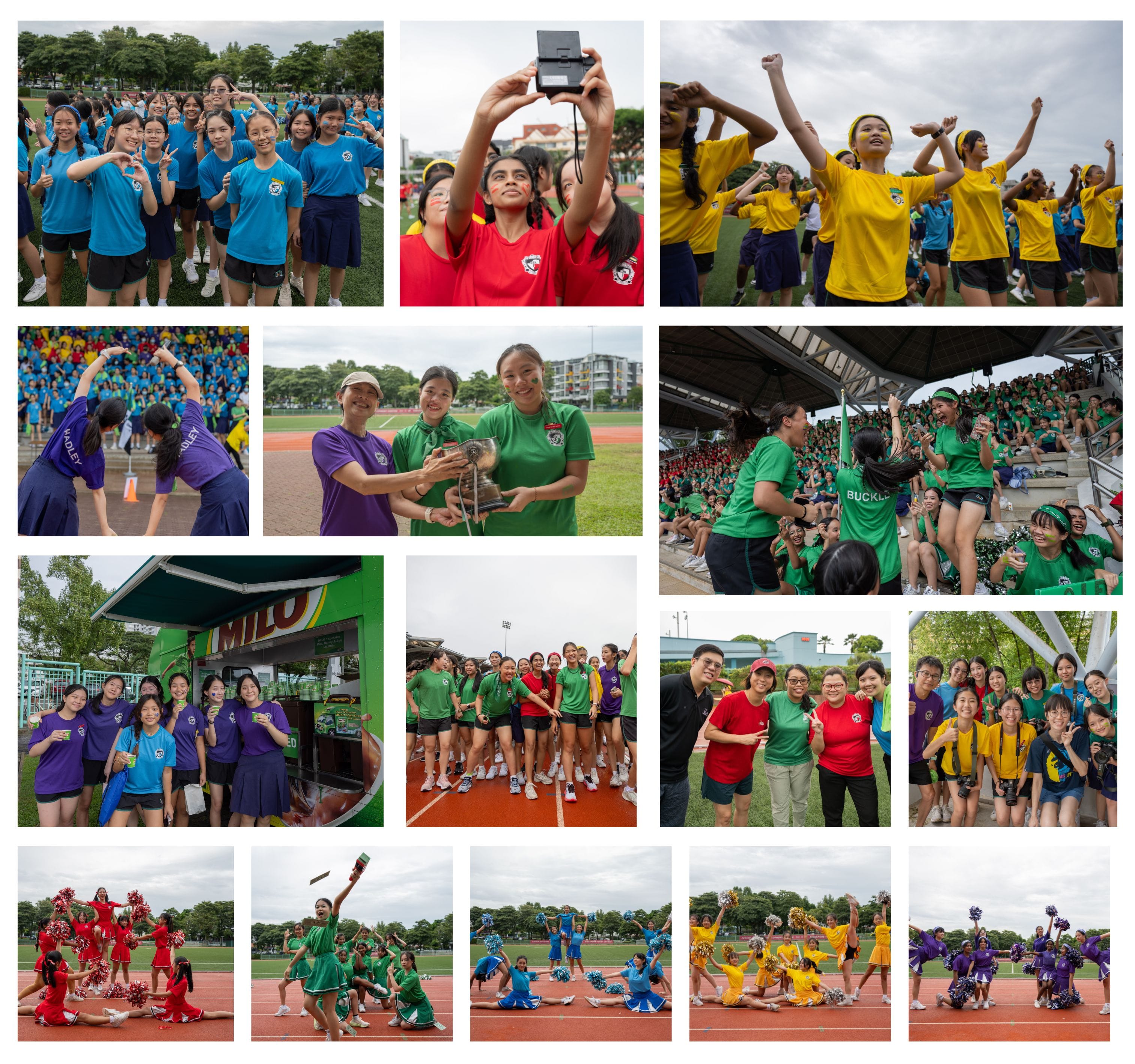 Collage of school sports day photos showing students in colored team shirts cheering, posing, and cheerleading on a track field.