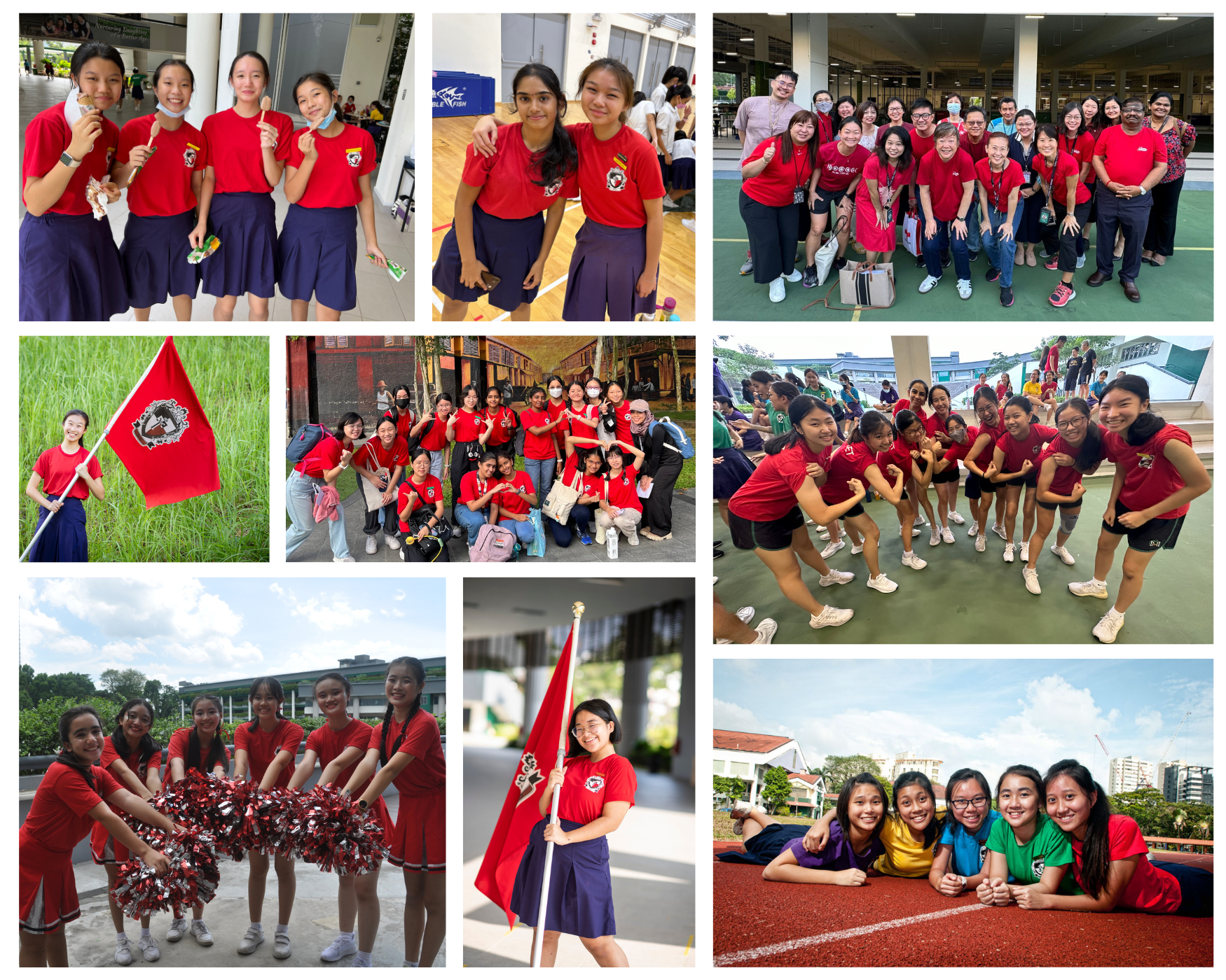 Collage of group photos: students in red shirts posing, cheering with pom-poms, and holding a red flag.