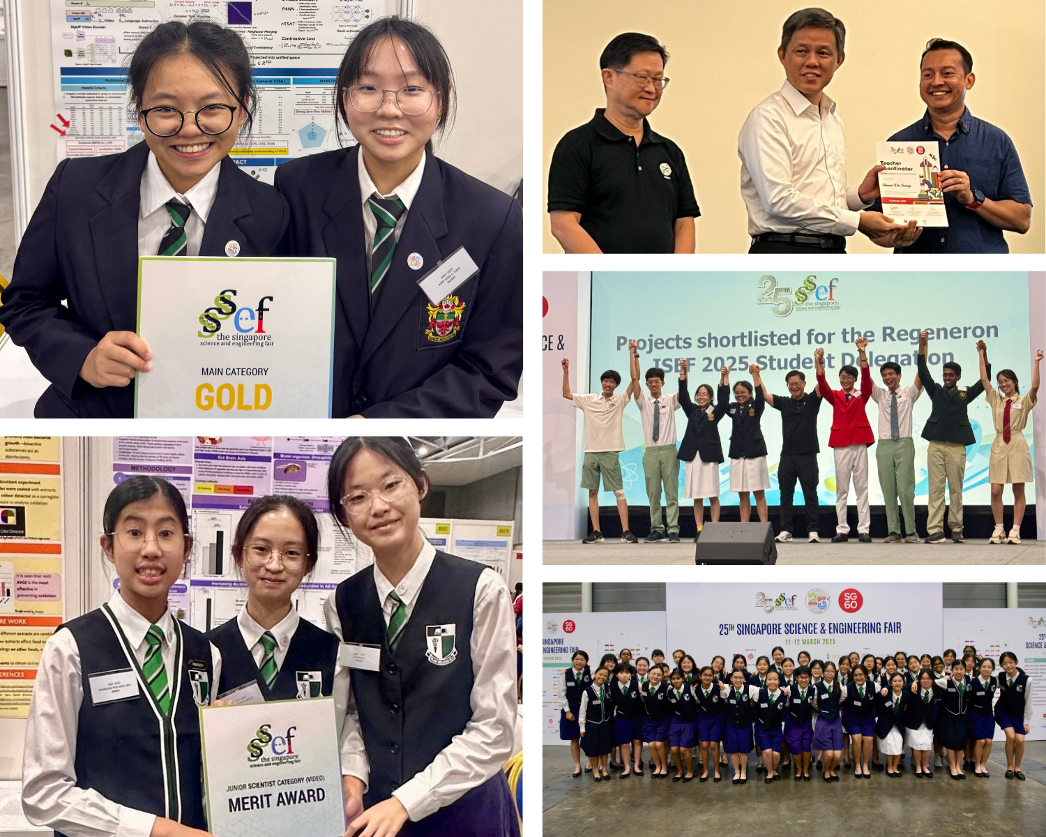 Students in school uniforms celebrate awards at the 25th Singapore Science and Engineering Fair, holding Gold and Merit certificates.