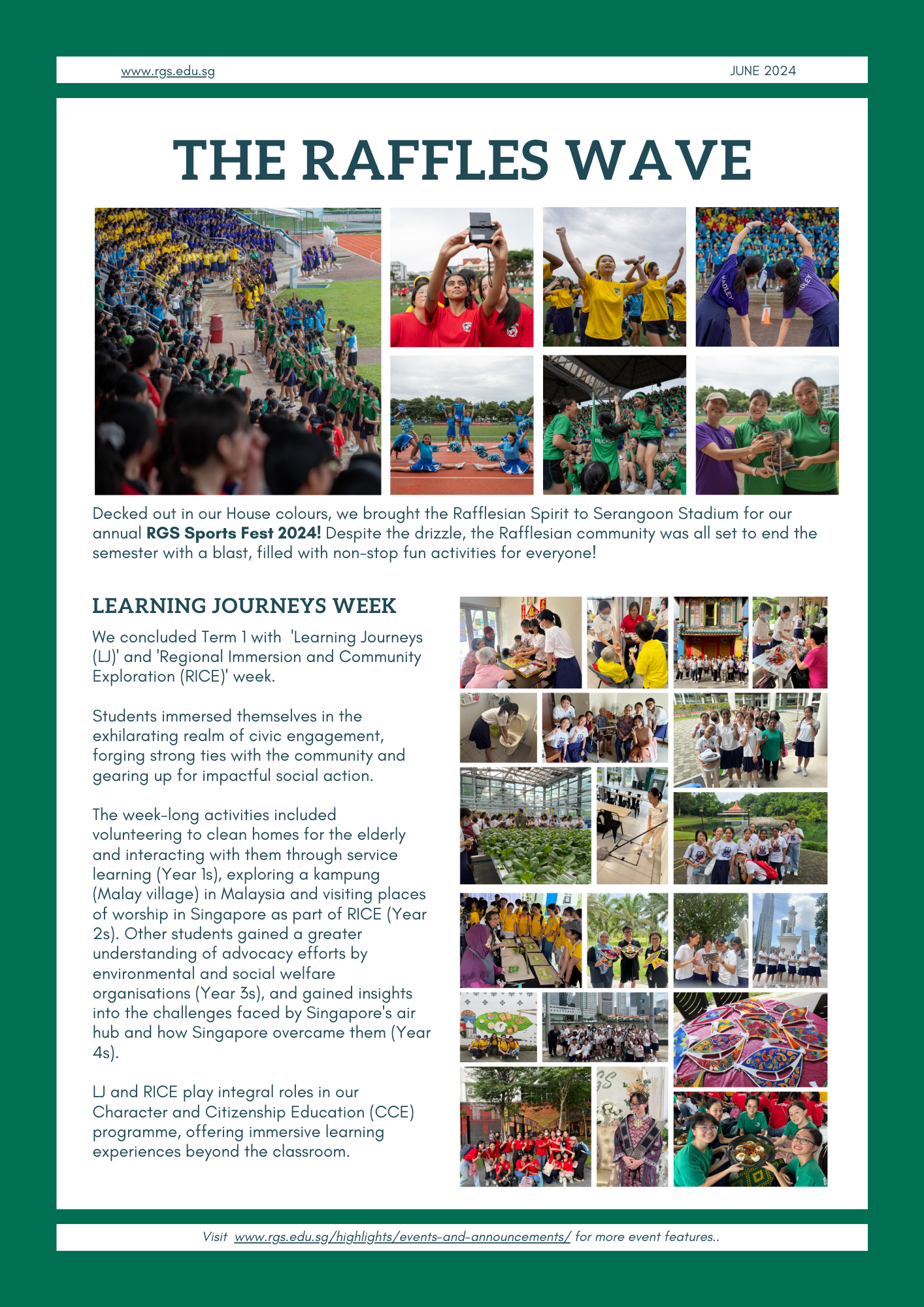 June 2024 edition of The Raffles Wave newsletter featuring RGS Sports Fest and Learning Journeys Week photos.