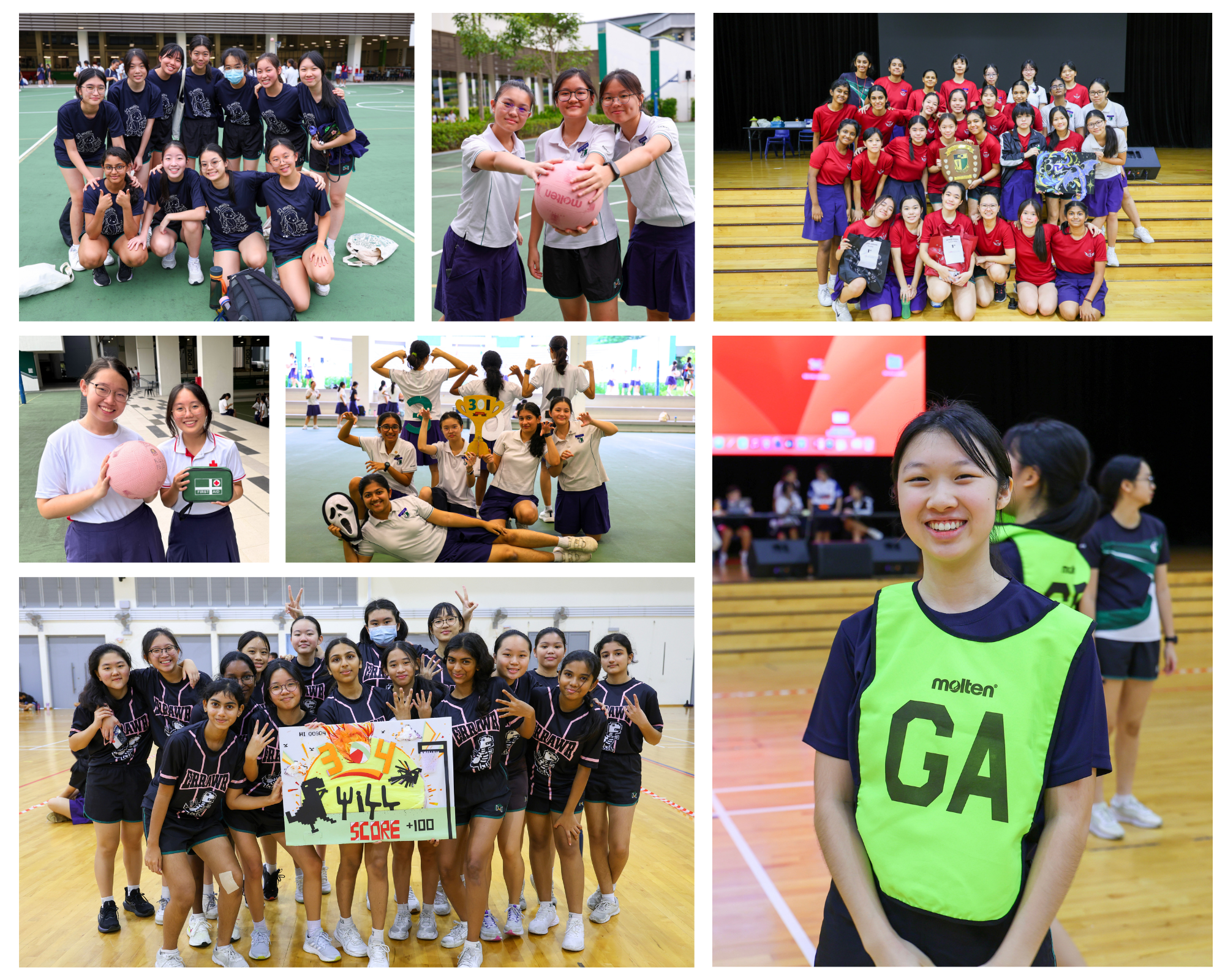 Collage of schoolgirls posing in sports uniforms on courts and a stage, plus a close-up in a green GA bib.