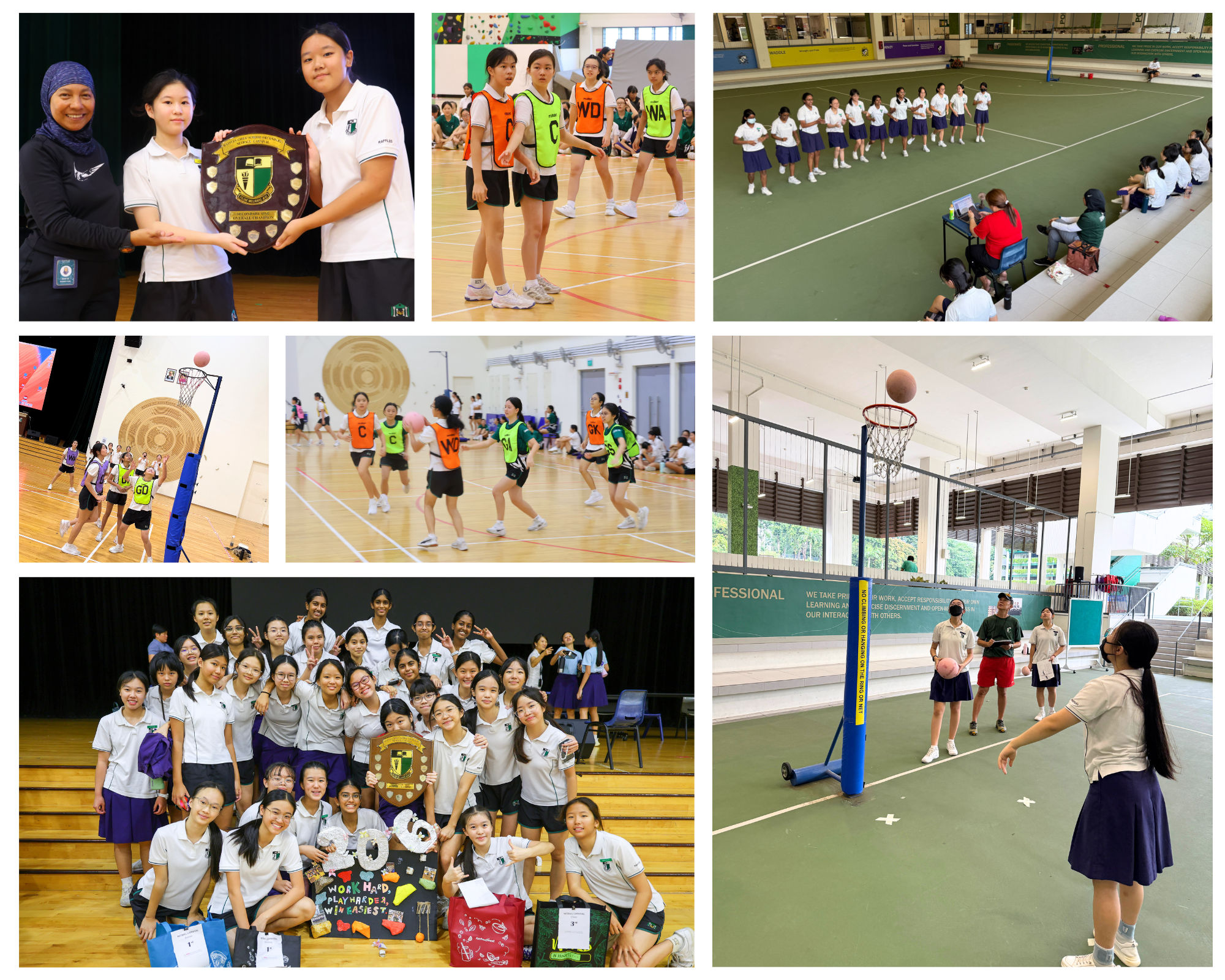 Collage of schoolgirls playing netball indoors, team group photo, and students receiving a trophy plaque..