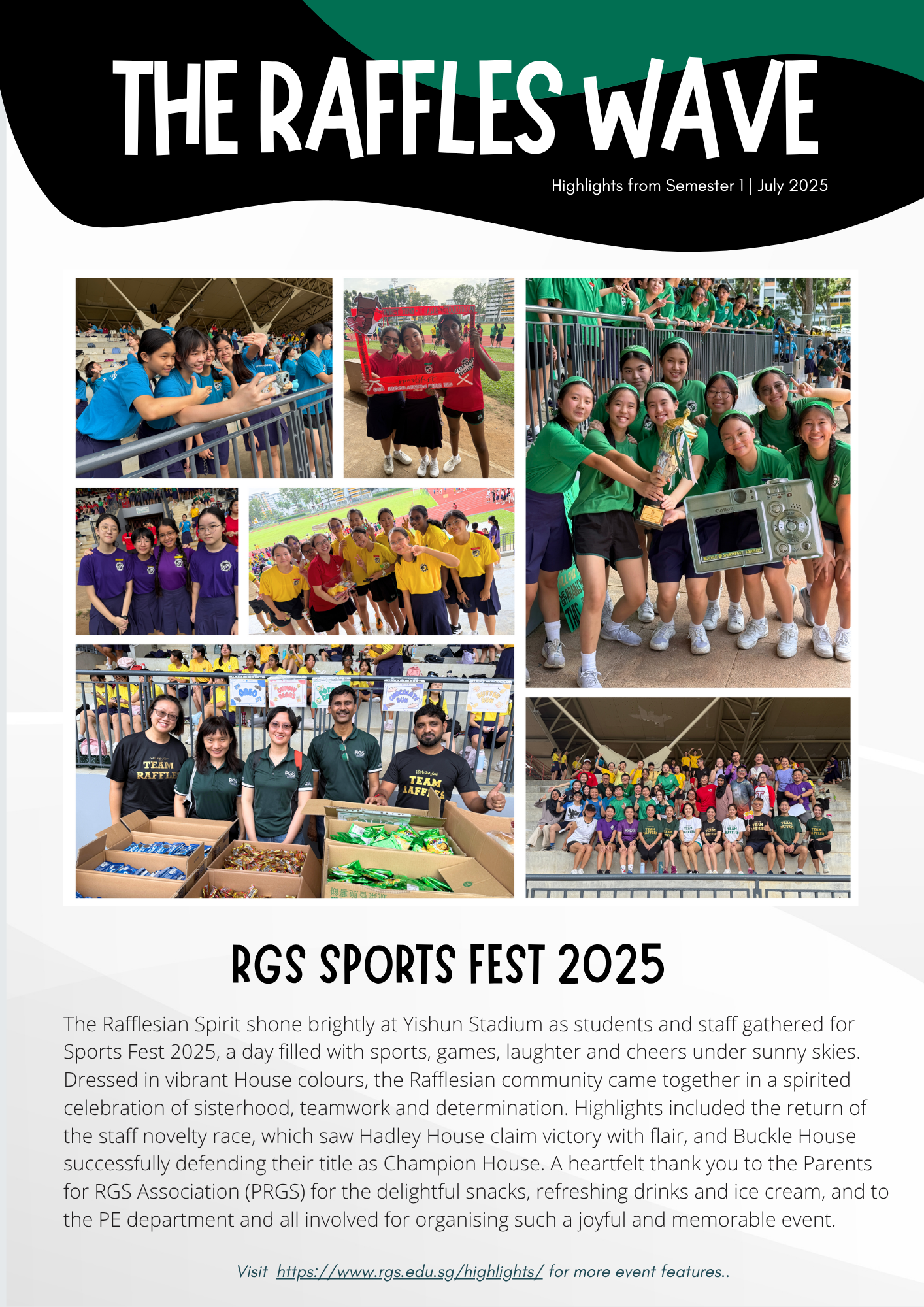 Newsletter titled The Raffles Wave showing student photos from RGS Sports Fest 2025 at Yishun Stadium.