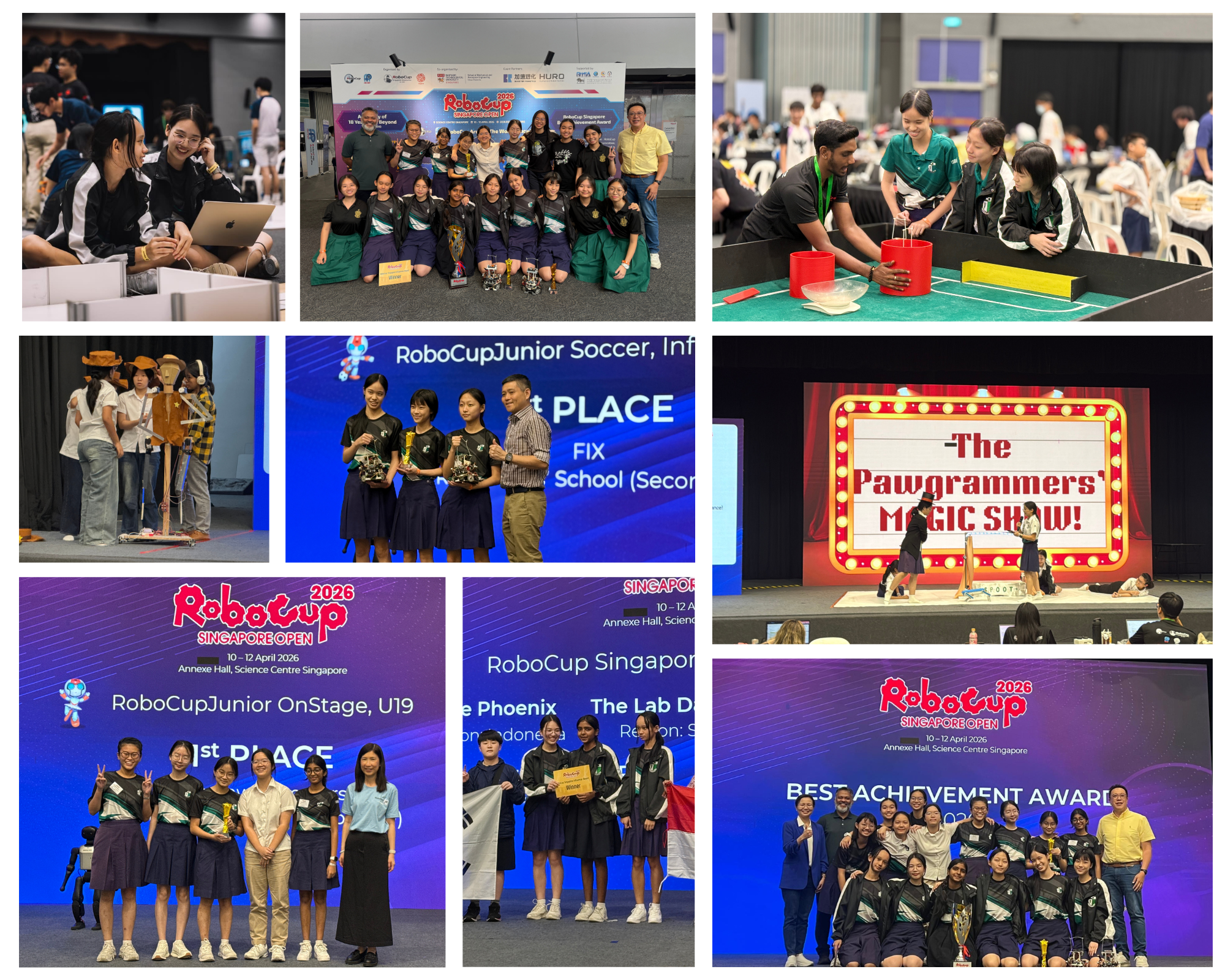 Collage of students at RoboCup Singapore: team photos, robot demos, stage awards, and a magic show sign.