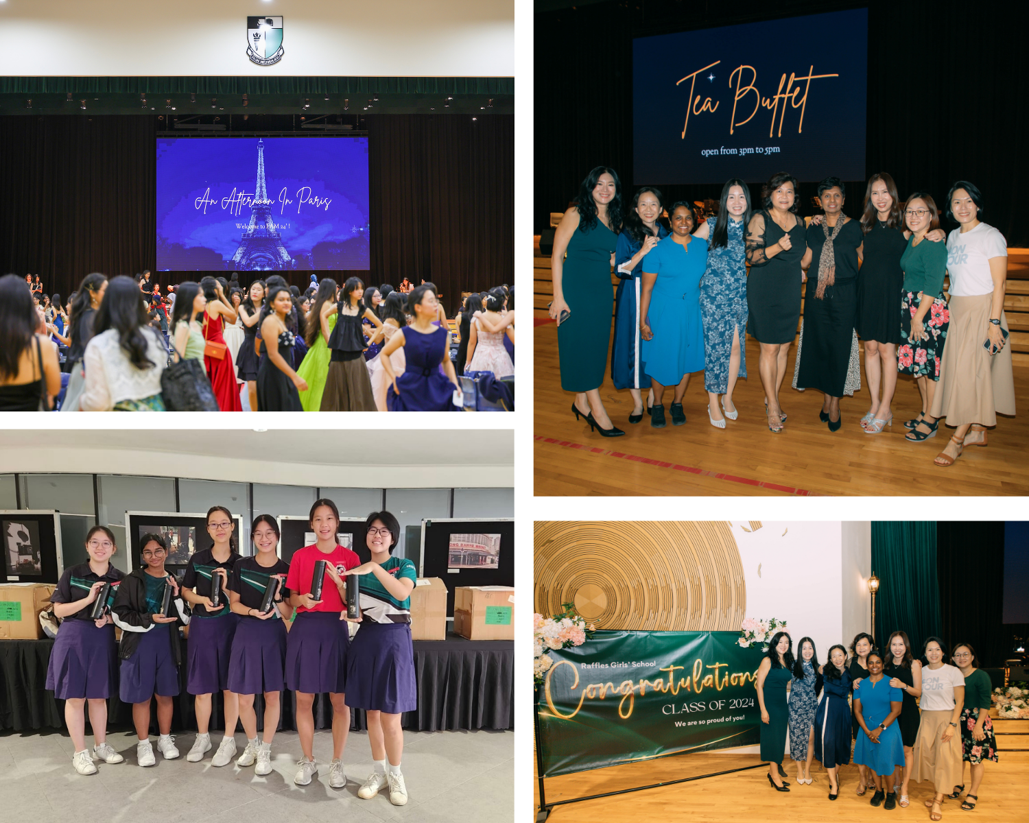 Four photos from Raffles Girls School Class of 2024 celebration, showing students and teachers posing and a Paris-themed event.