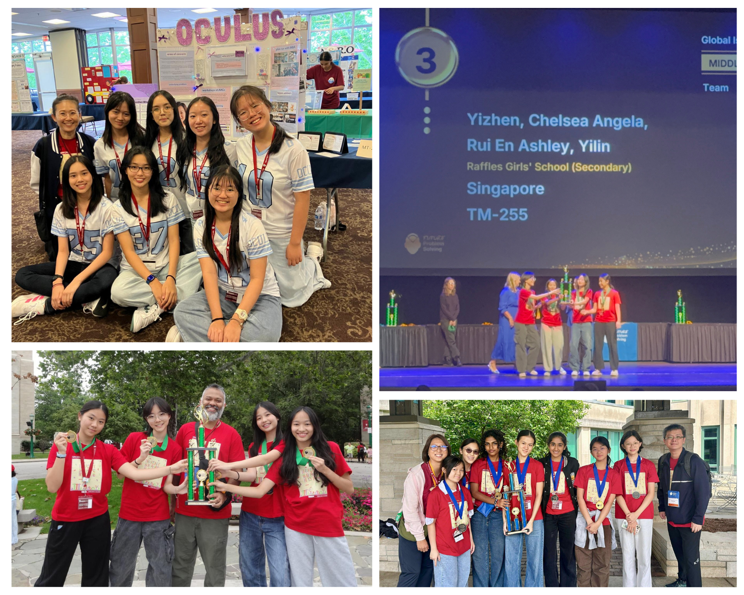 Four photos of student teams at a competition, including a stage award ceremony showing Raffles Girls School Singapore placing 3rd.