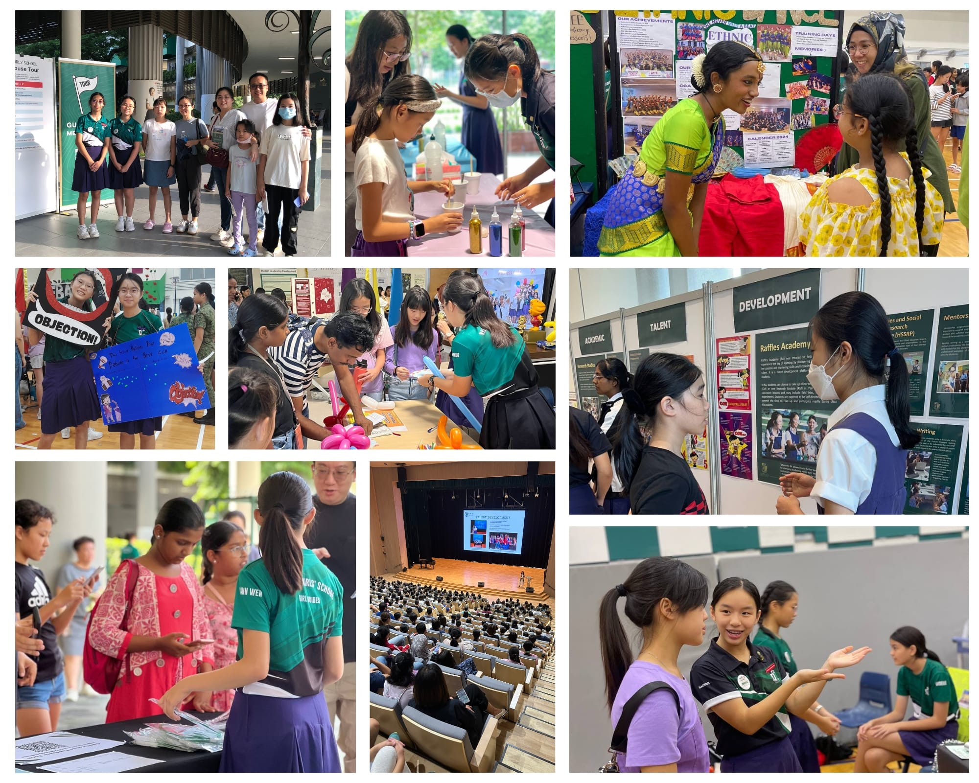 Collage of school open house scenes showing students at booths, performances, an auditorium, and development displays.