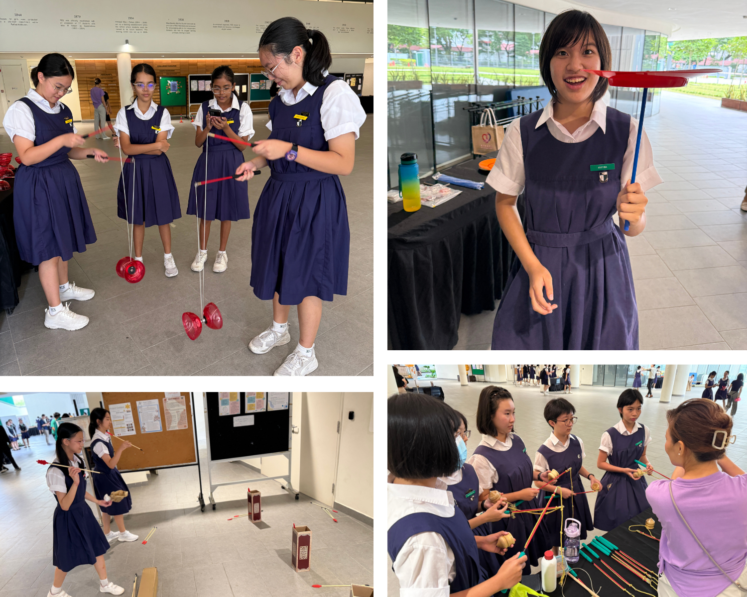 Students in navy uniforms play with diabolo yo-yos, a spinning plate on a stick, and kendama cup-and-ball toys indoors.