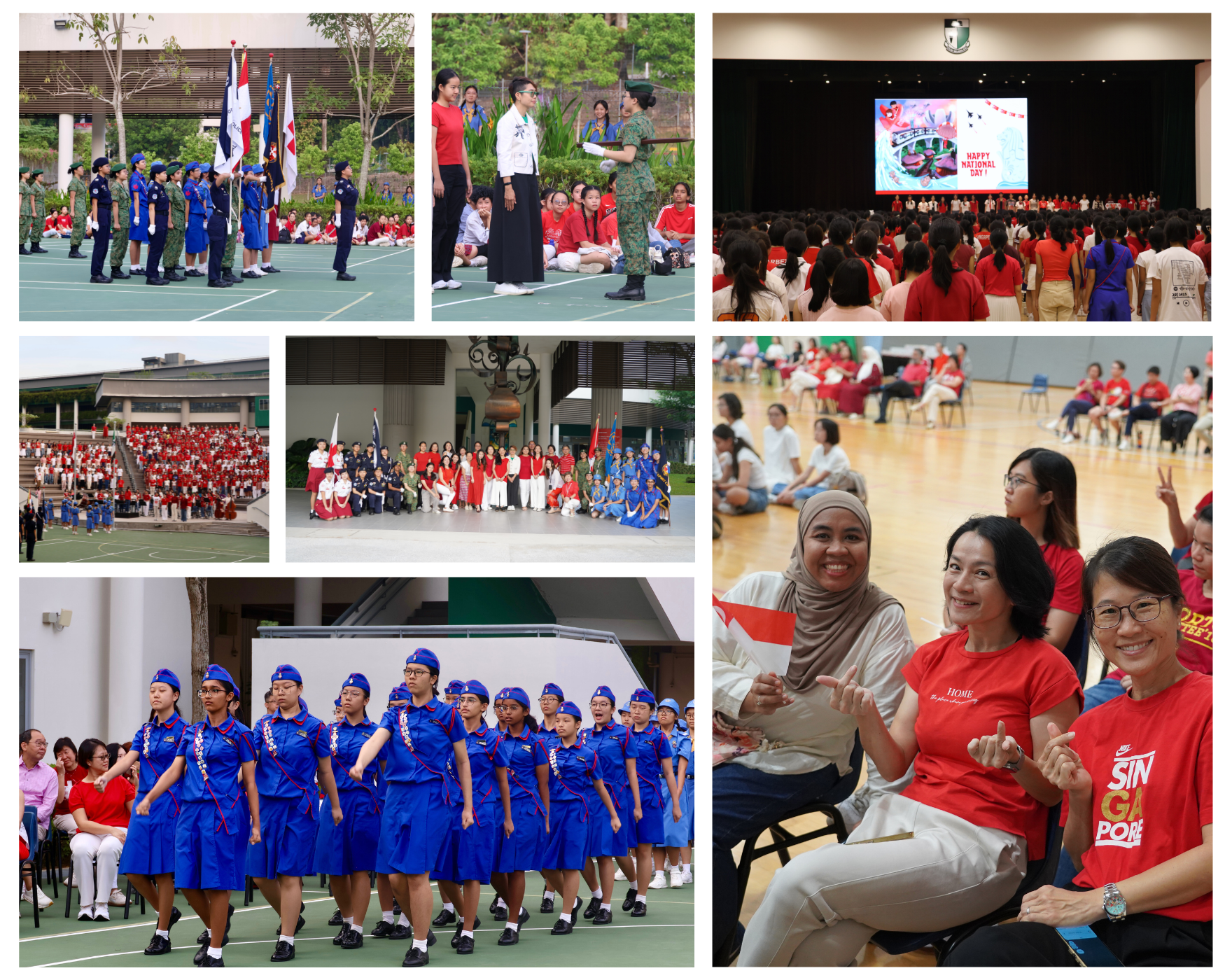 Collage of a Singapore National Day school celebration with flag parade, marching by uniform CCA students, and audience gatherings.