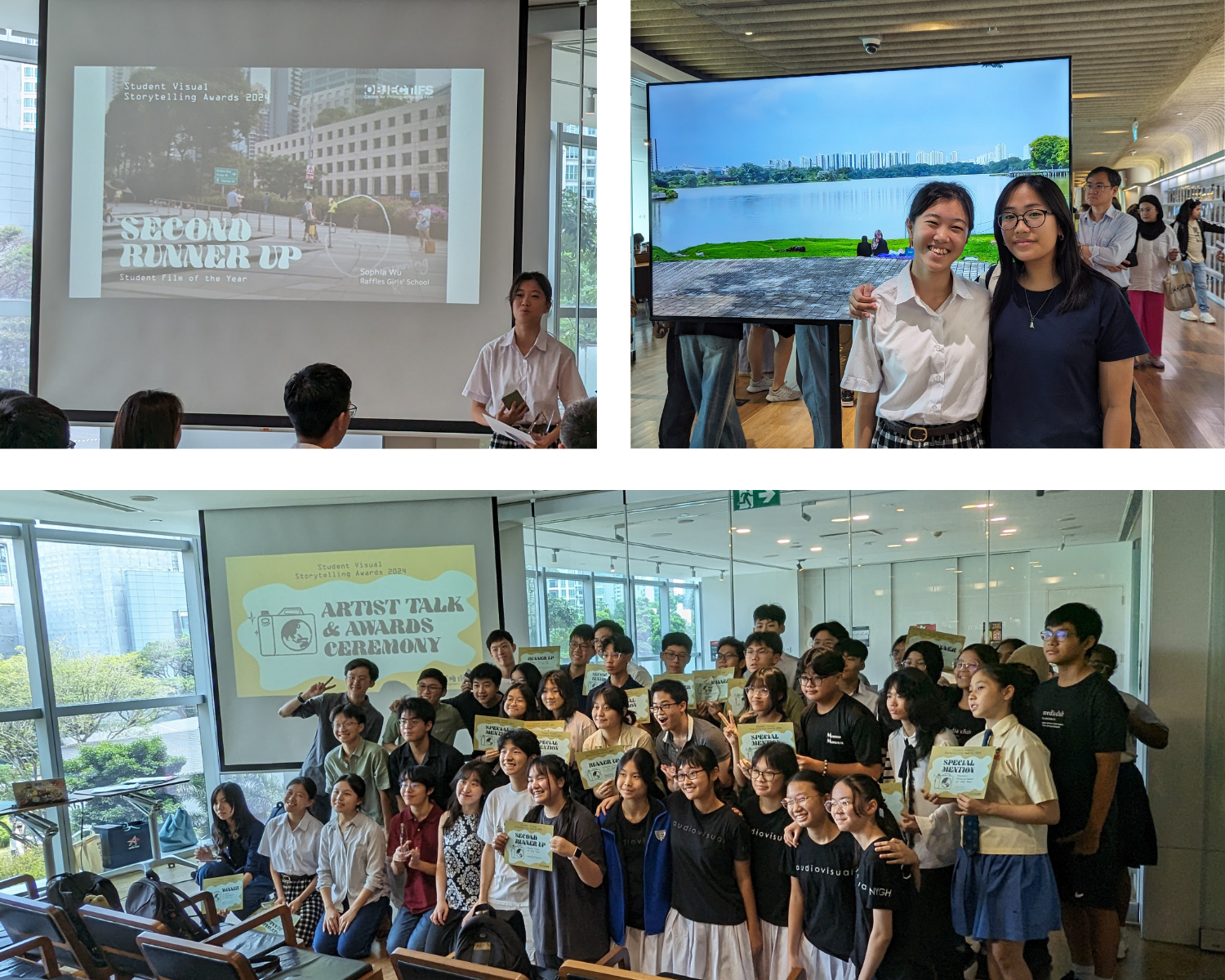 Three scenes from a Student Visual Storytelling Awards 2024 ceremony with students presenting and posing with certificates.