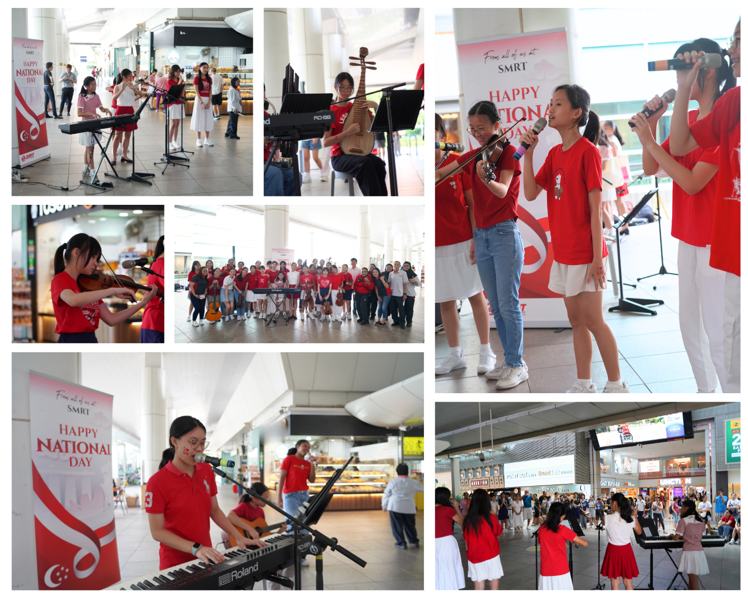 Young performers in red shirts play violin, keyboard, and sing at an SMRT Happy National Day event indoors.