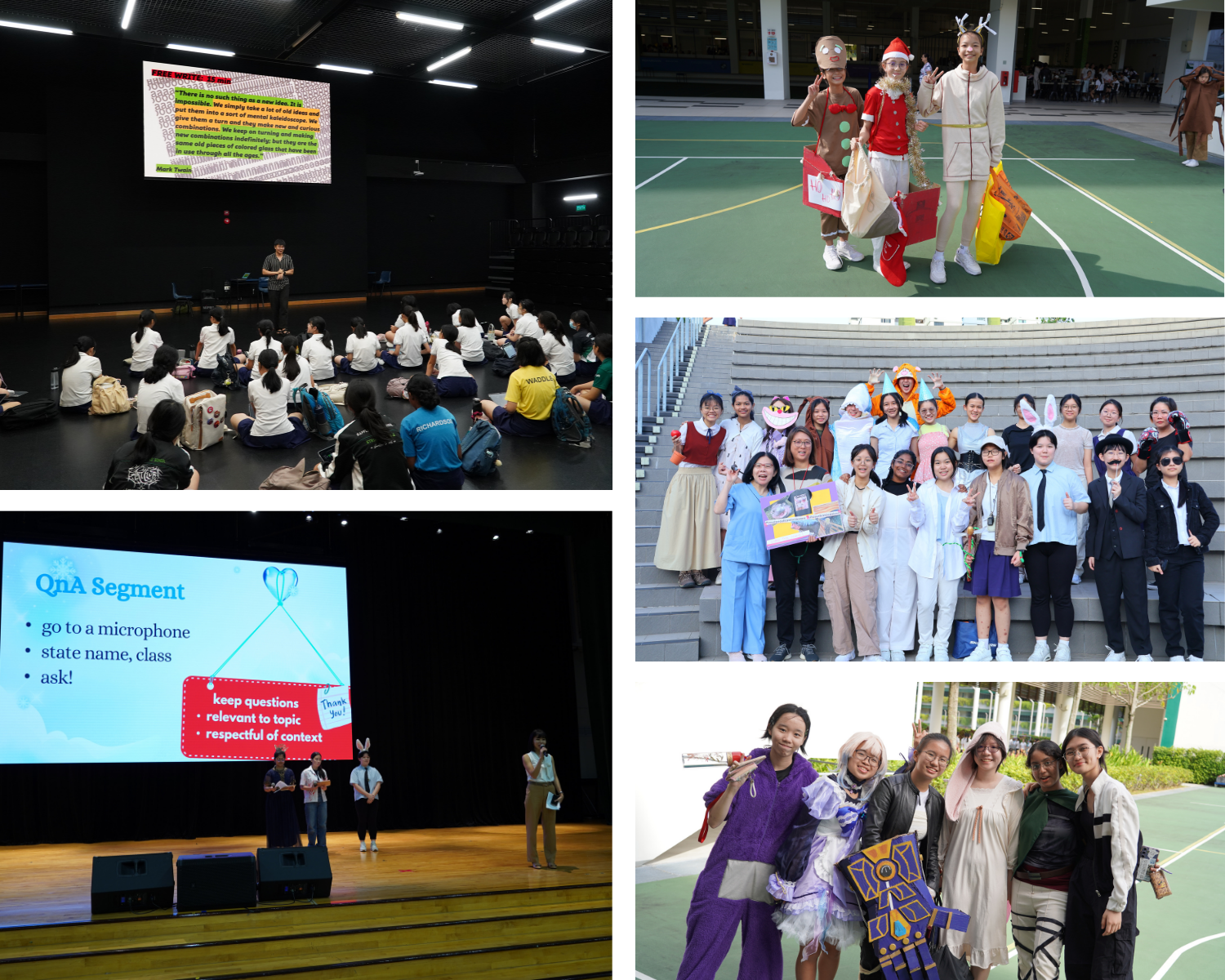 Four school event photos showing students in costumes, a group photo, a theater session, and a QnA stage presentation.