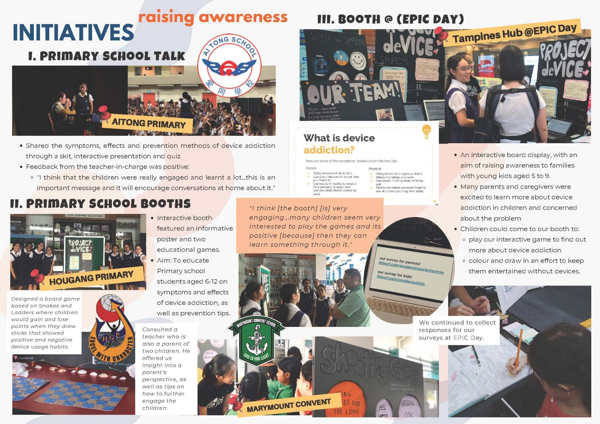 Flyer showing school initiatives raising awareness about device addiction through talks, booths, and an EPIC Day event.