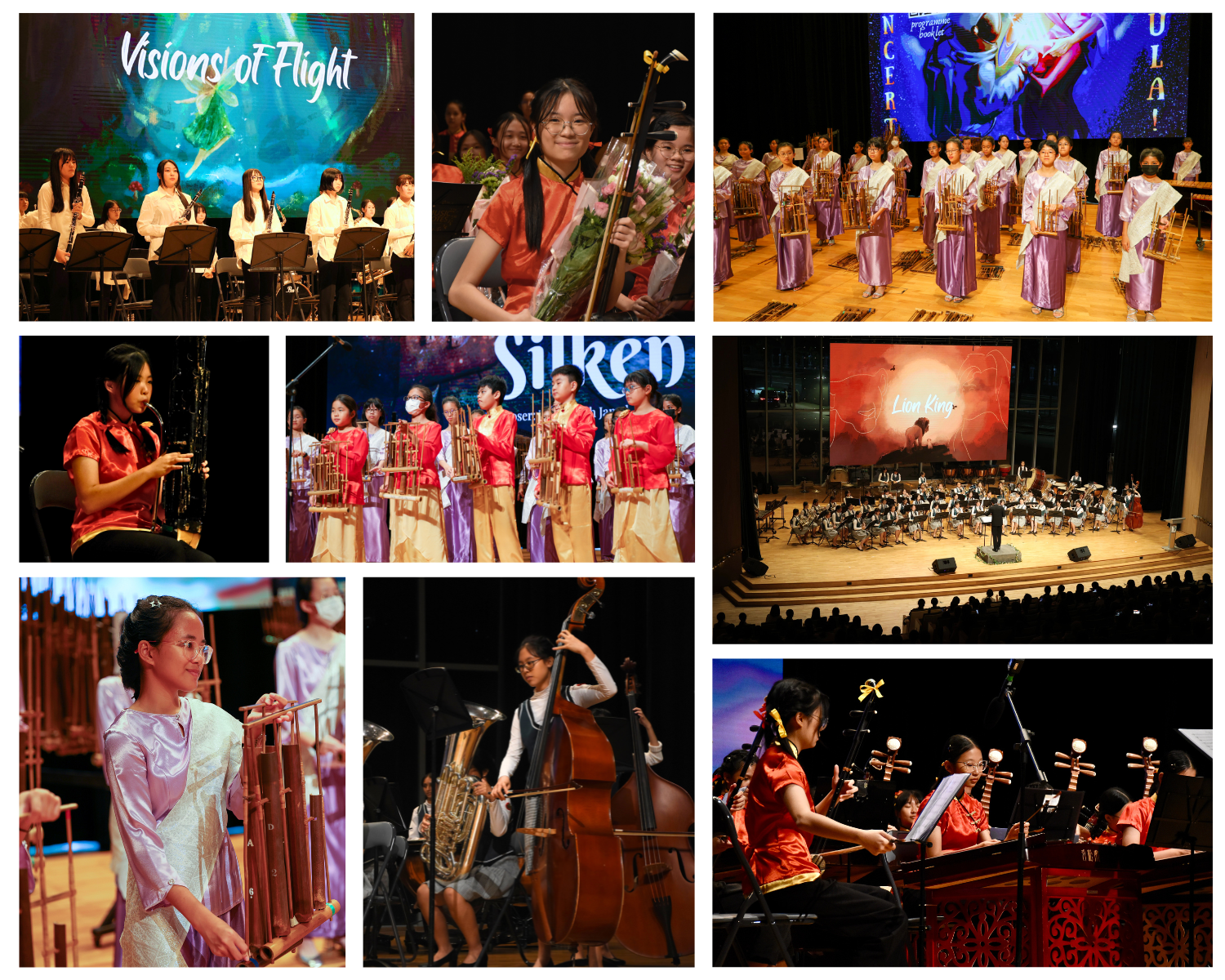 Collage of youth musicians performing Chinese and Western instruments on stage at various concerts.