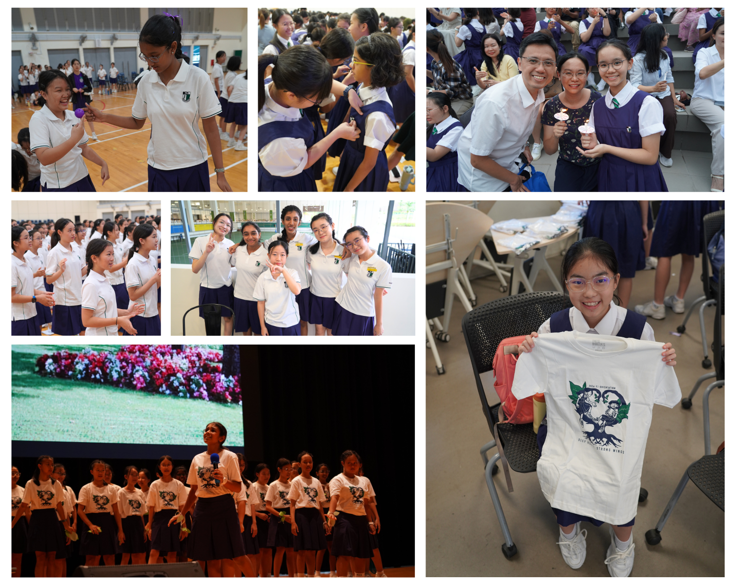 Collage of school students in white and navy uniforms during an orientation event, one girl holds up a white t-shirt.