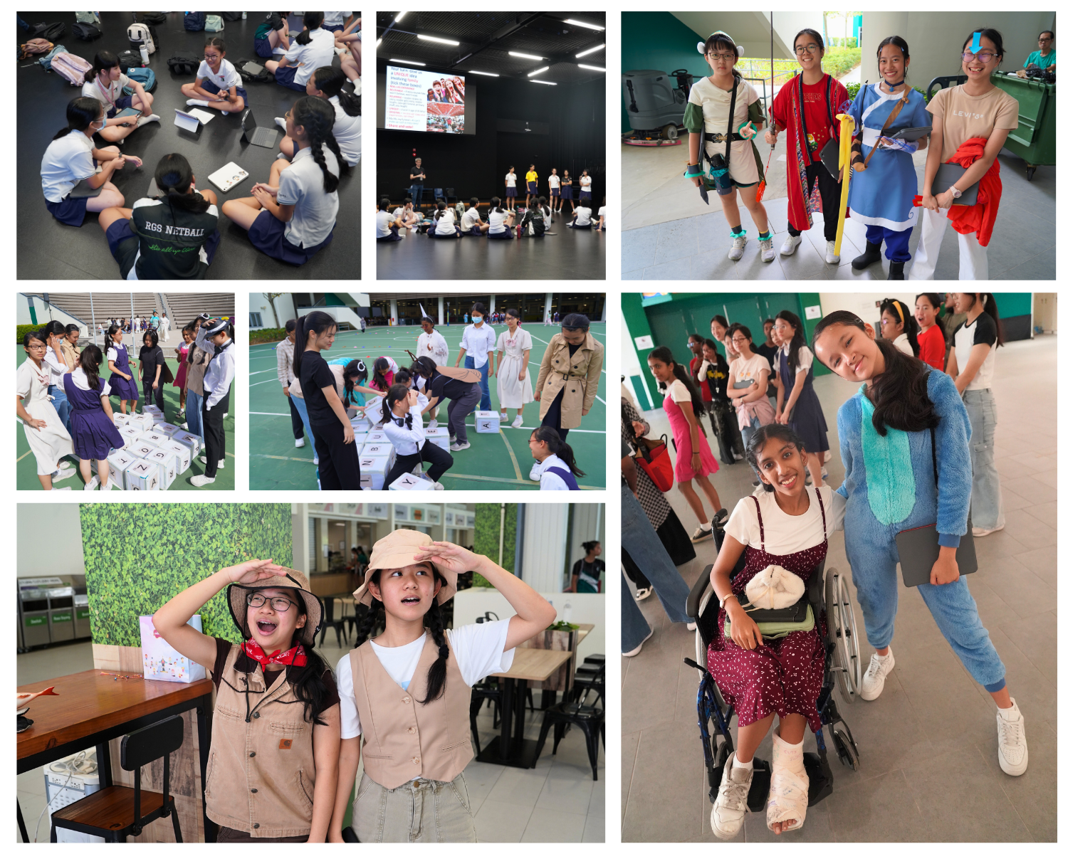 Collage of school girls in costumes, playing games outdoors, sitting in groups, and posing together at a school event.