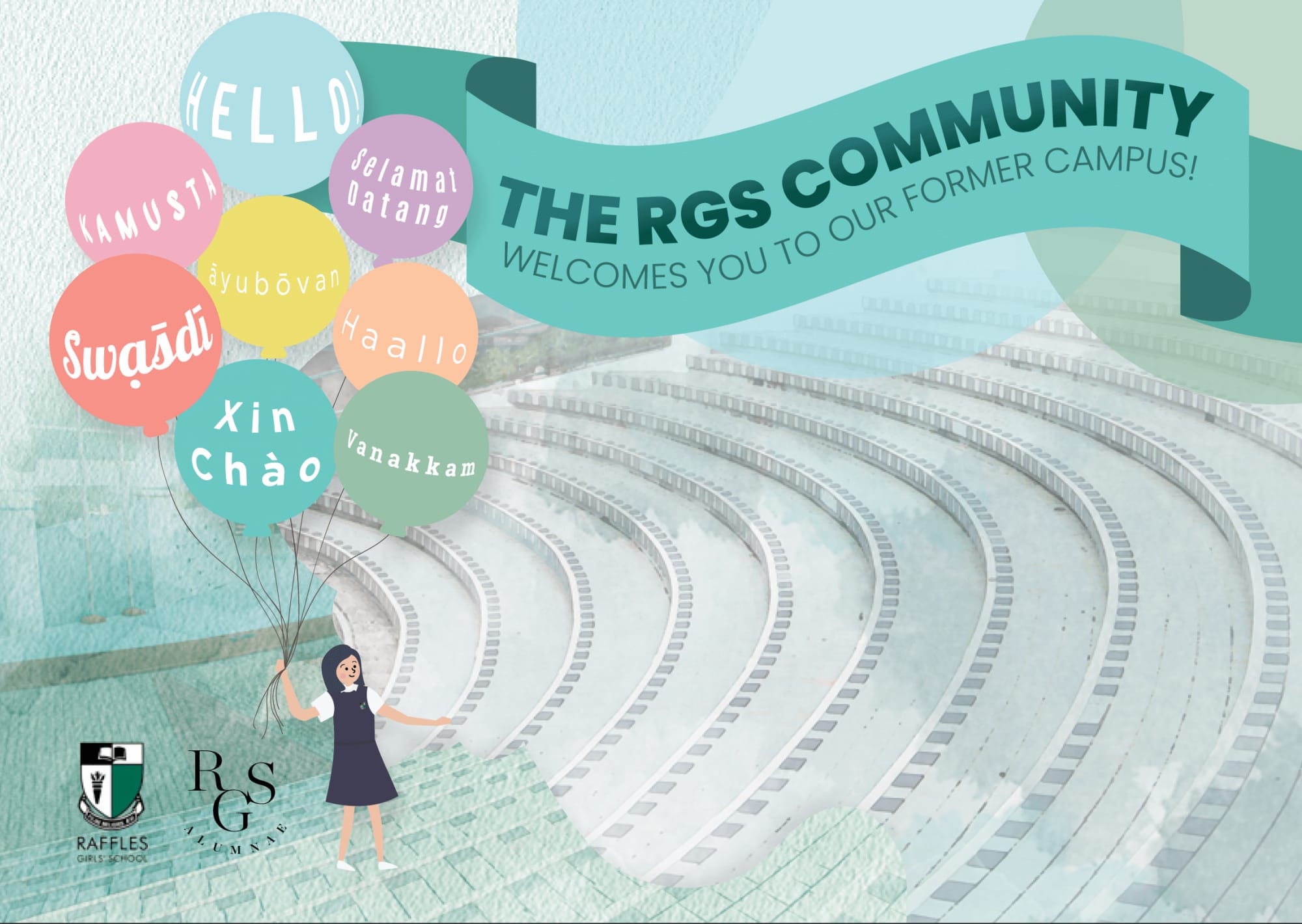 RGS community welcome poster with a girl holding colorful balloons showing greetings in multiple languages.