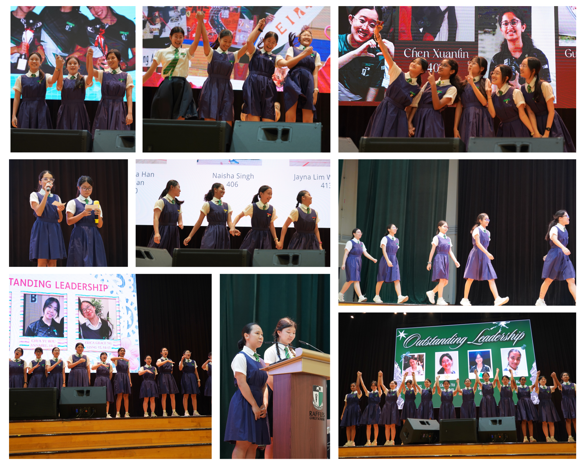 A photo collage of students holding hands, posing for photos, smiling on the school stage with a projected screen behind them.
